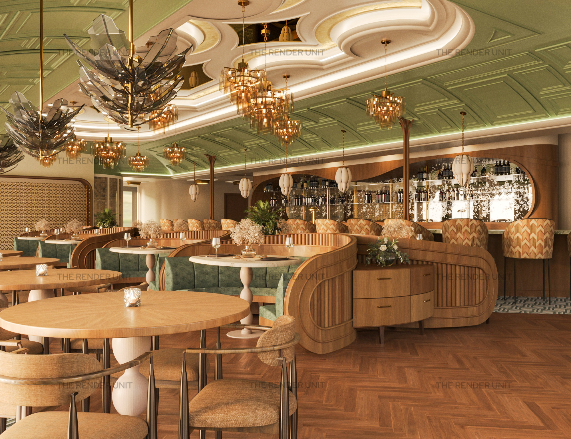 Elegant restaurant interior with wooden furniture, decorative lighting, and bar area in the background. Depwah cafe restaurant