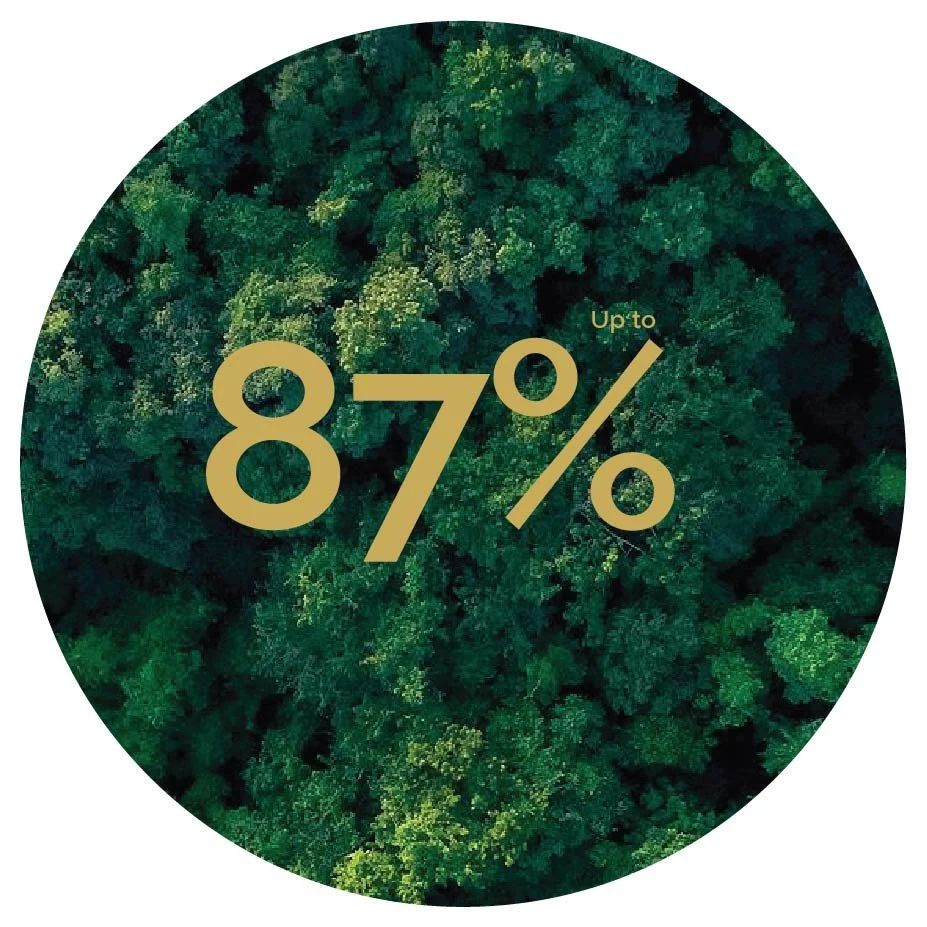 A circular image showing a green forest with the text 'Up to 87%' written in gold, indicating a possible discount or savings percentage.