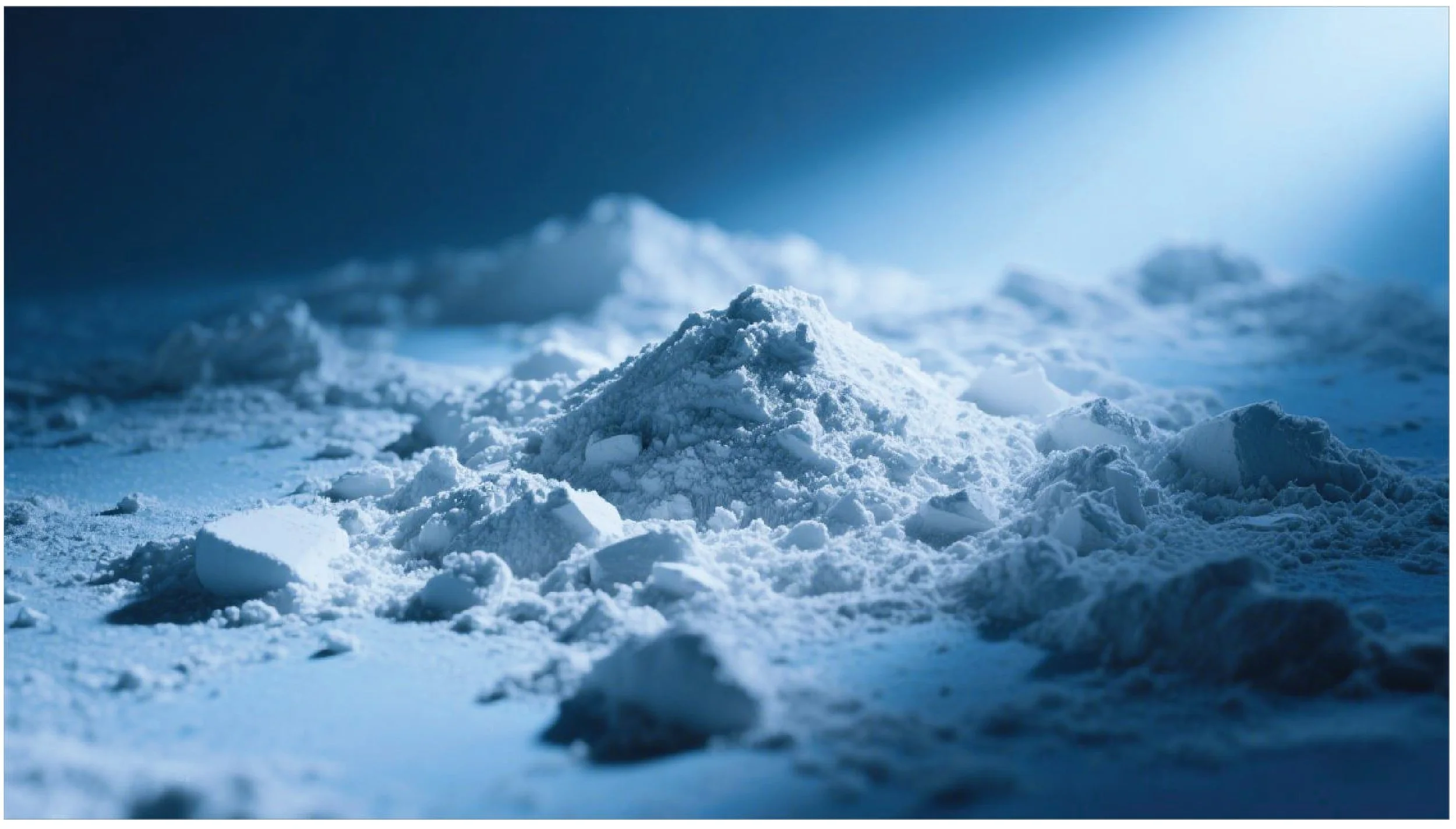 A close-up of snow and ice on the ground, with some snow piled into a small mound, illuminated by a soft blue light.