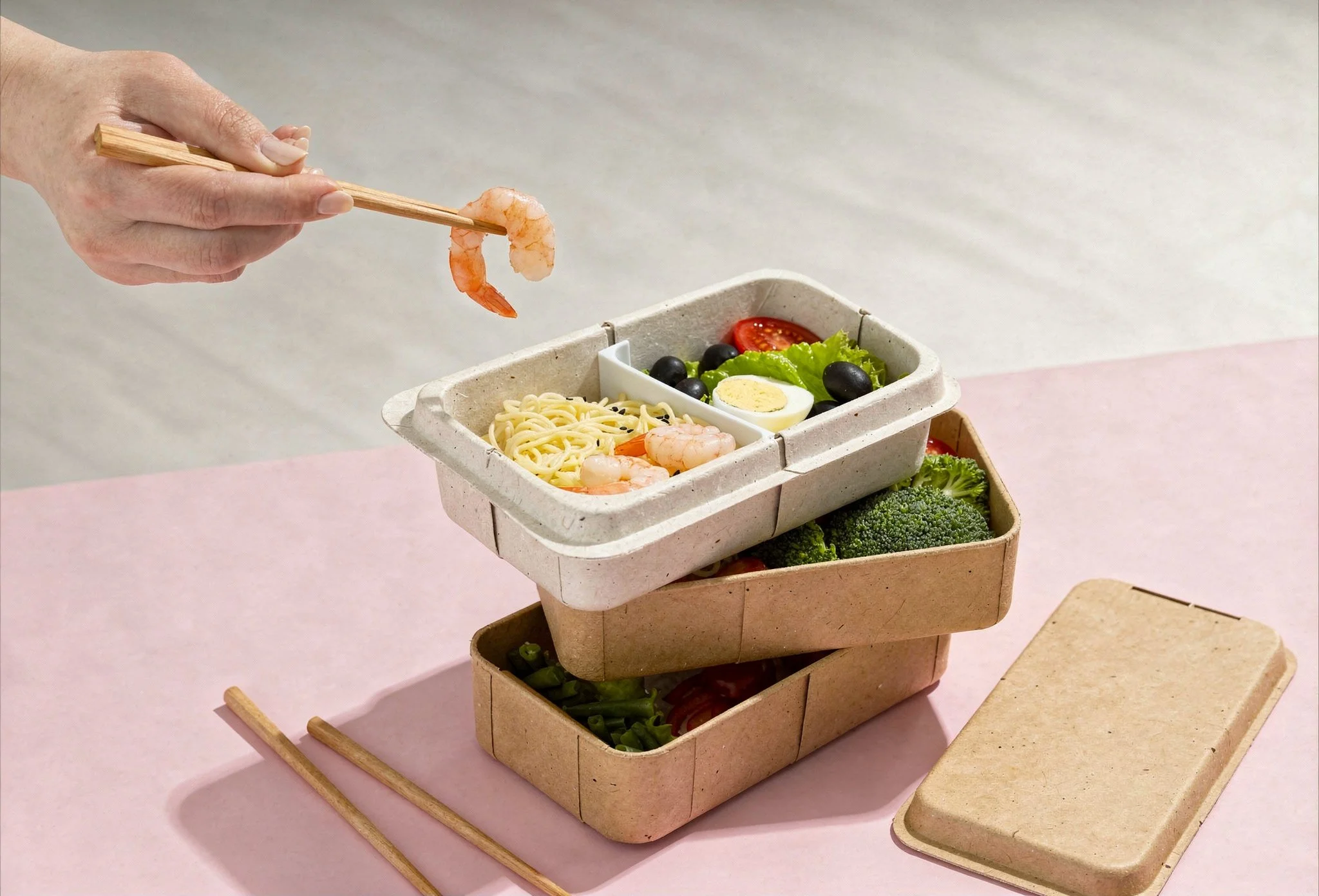 A person using chopsticks to pick up a shrimp from a sectioned takeaway container with salad, pasta, and shrimp, stacked on a pink surface, with a third container of broccoli and a beige lid nearby.