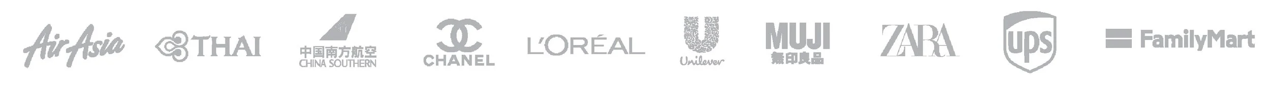 A series of logos from various brands including AirAsia, Thai, China Southern, Chanel, L'Oreal, Unilever, MUJI, Zara, UPS, and FamilyMart.