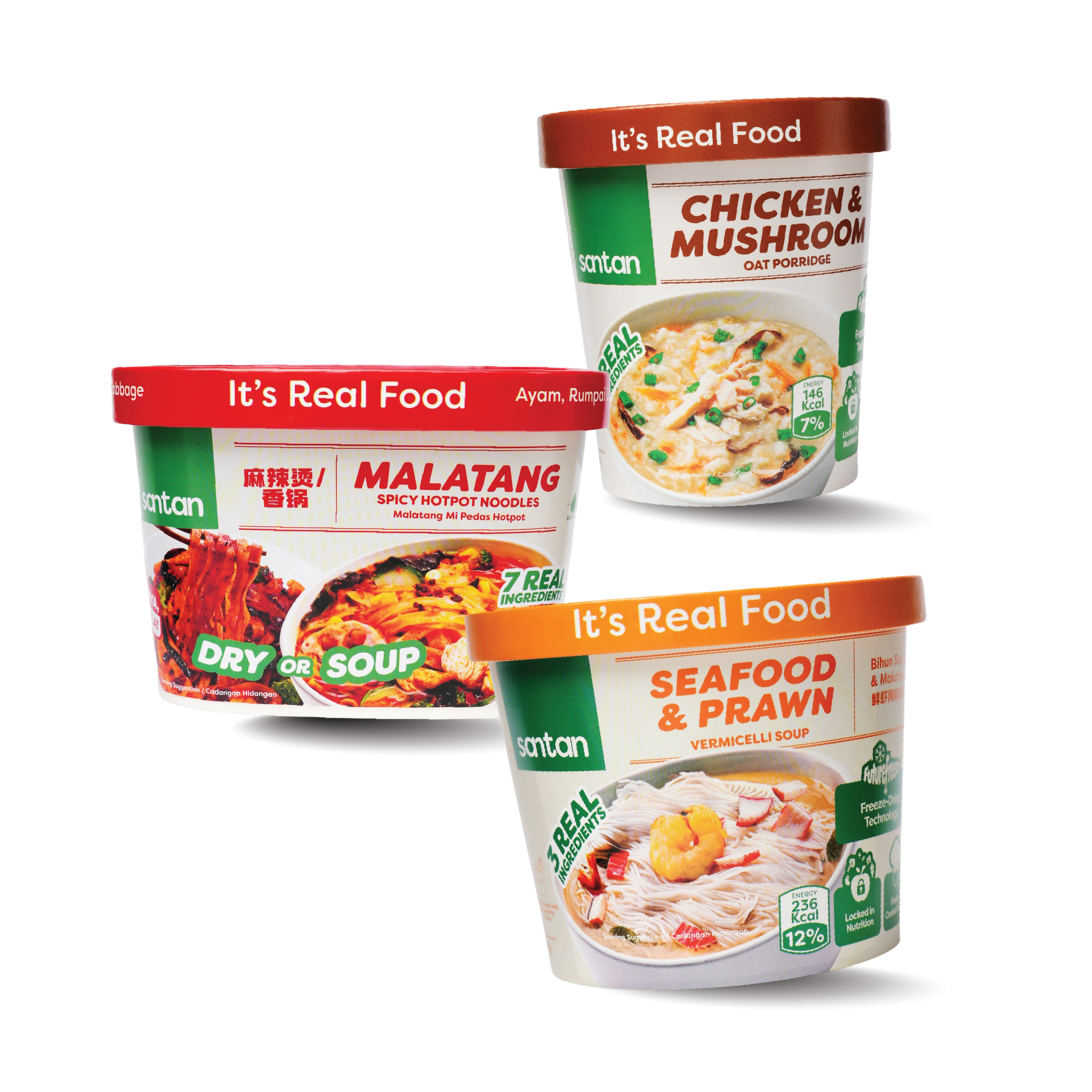 Three cups of instant ramen soup from the brand Santan, each with different flavors: chicken and mushroom, spicy hotpot with chicken and rump, and seafood with prawns. The cups are white with colored lids, featuring images of the prepared dishes.