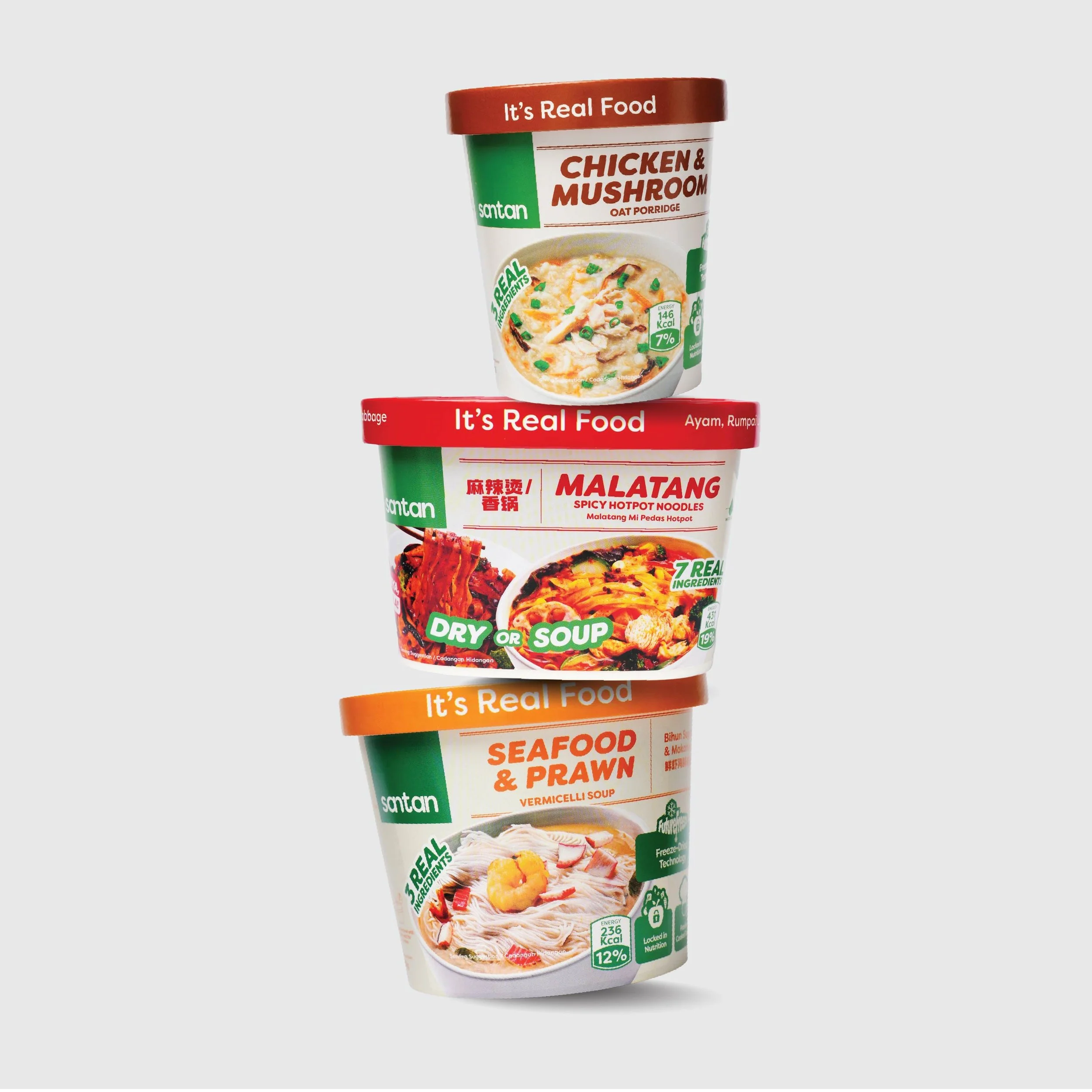 Stack of three Santan instant food containers, featuring Chicken & Mushroom oatmeal, Malatang spicy hotpot noodles, and Seafood & Prawn vermicelli soup, with colorful labels showing food images.