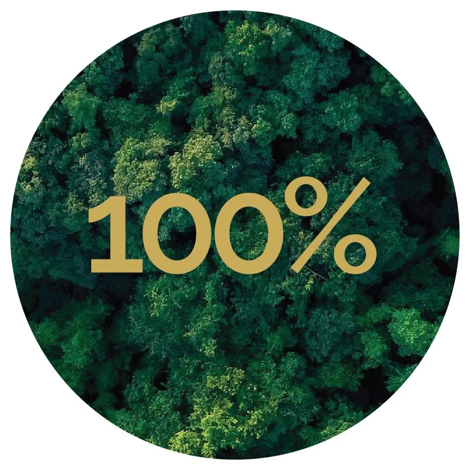 Circular image of a dense green forest with the text '100%' in gold overlaid.
