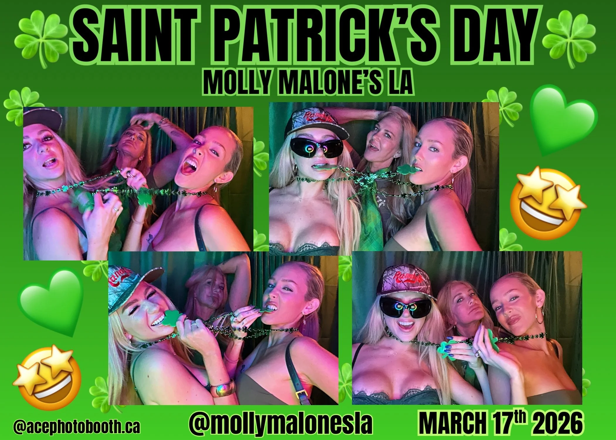 Collage of four photos from a St. Patrick's Day celebration at Molly Malone's LA. People are wearing festive accessories, holding shamrocks, and having fun, with a green background and St. Patrick's Day decorations, including shamrocks and party emoj