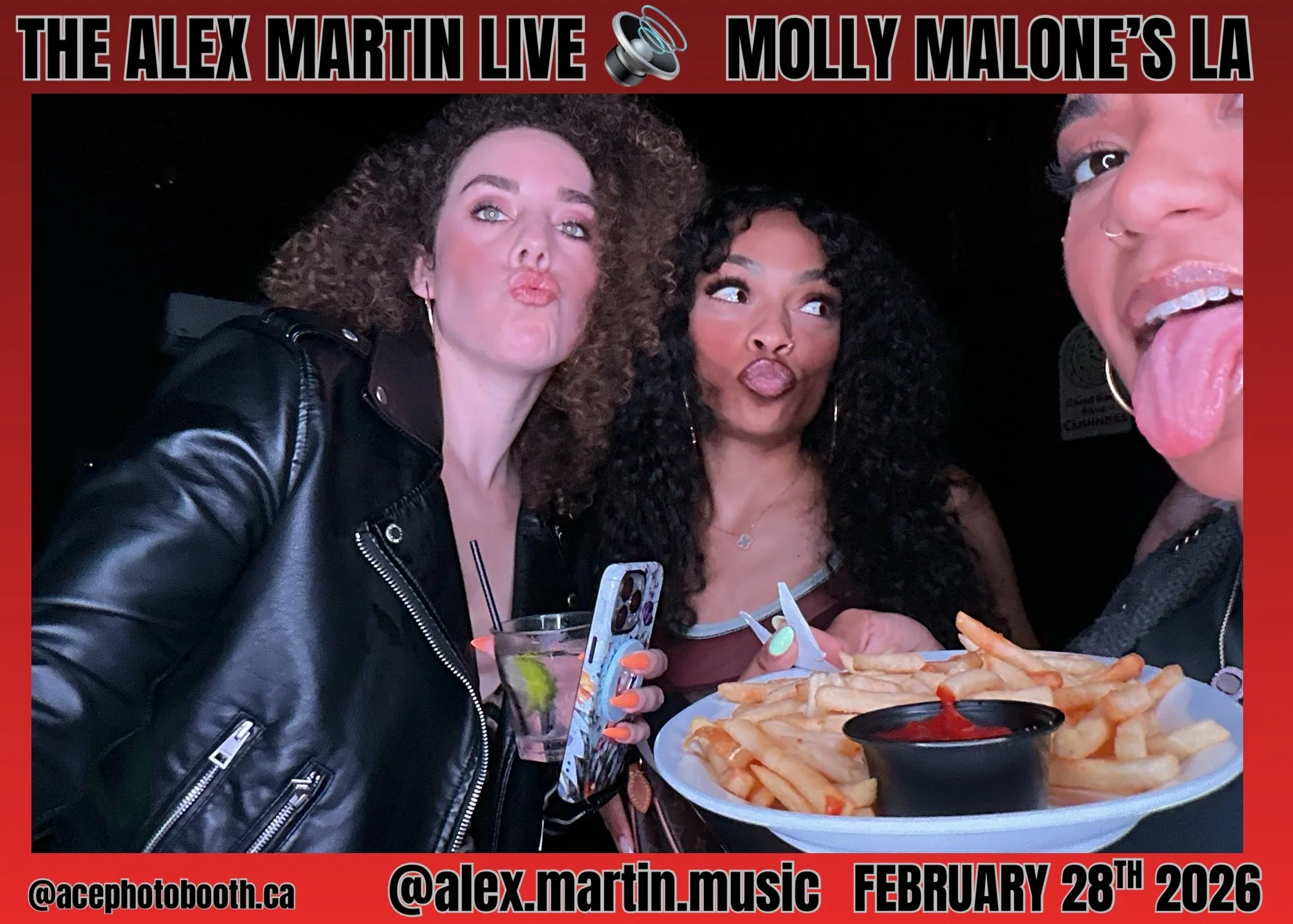 Three women at a live comedy show, making funny faces, with one holding a plate of French fries and a small cup of ketchup, at Molly Malone's in Los Angeles, February 28, 2026.