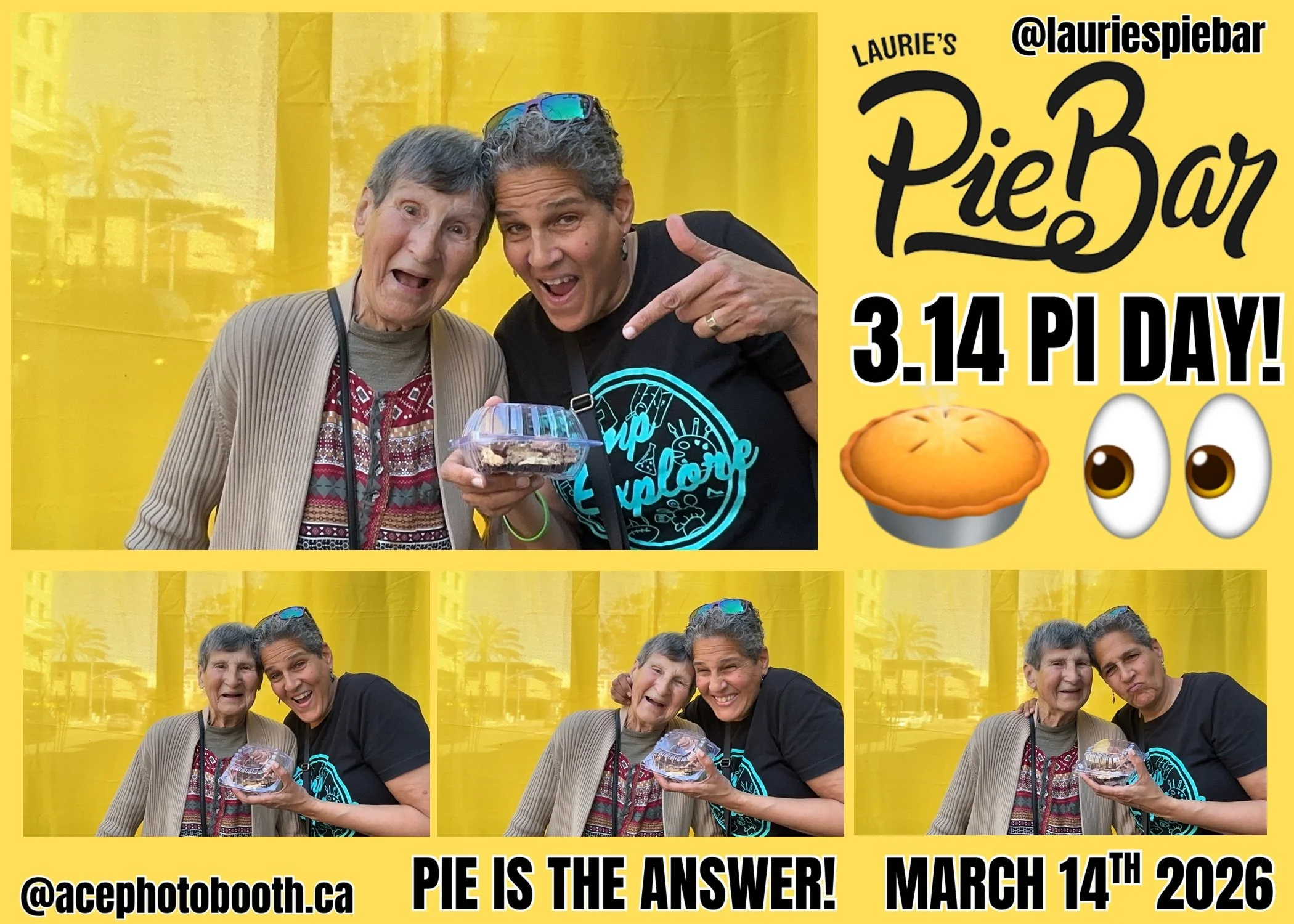 Four photos of people celebrating Pi Day with pie, featuring an older woman and a younger woman, all smiling and holding pie containers, set against a bright yellow background with text about Pi Day, March 14, 2026.
