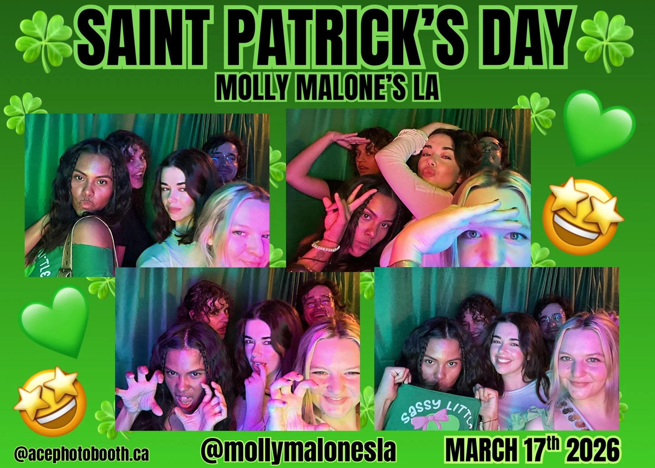 St. Patrick's Day celebration photo collage showing groups of women in festive poses, surrounded by green decorations, with date March 17th, 2026, and social media handles.