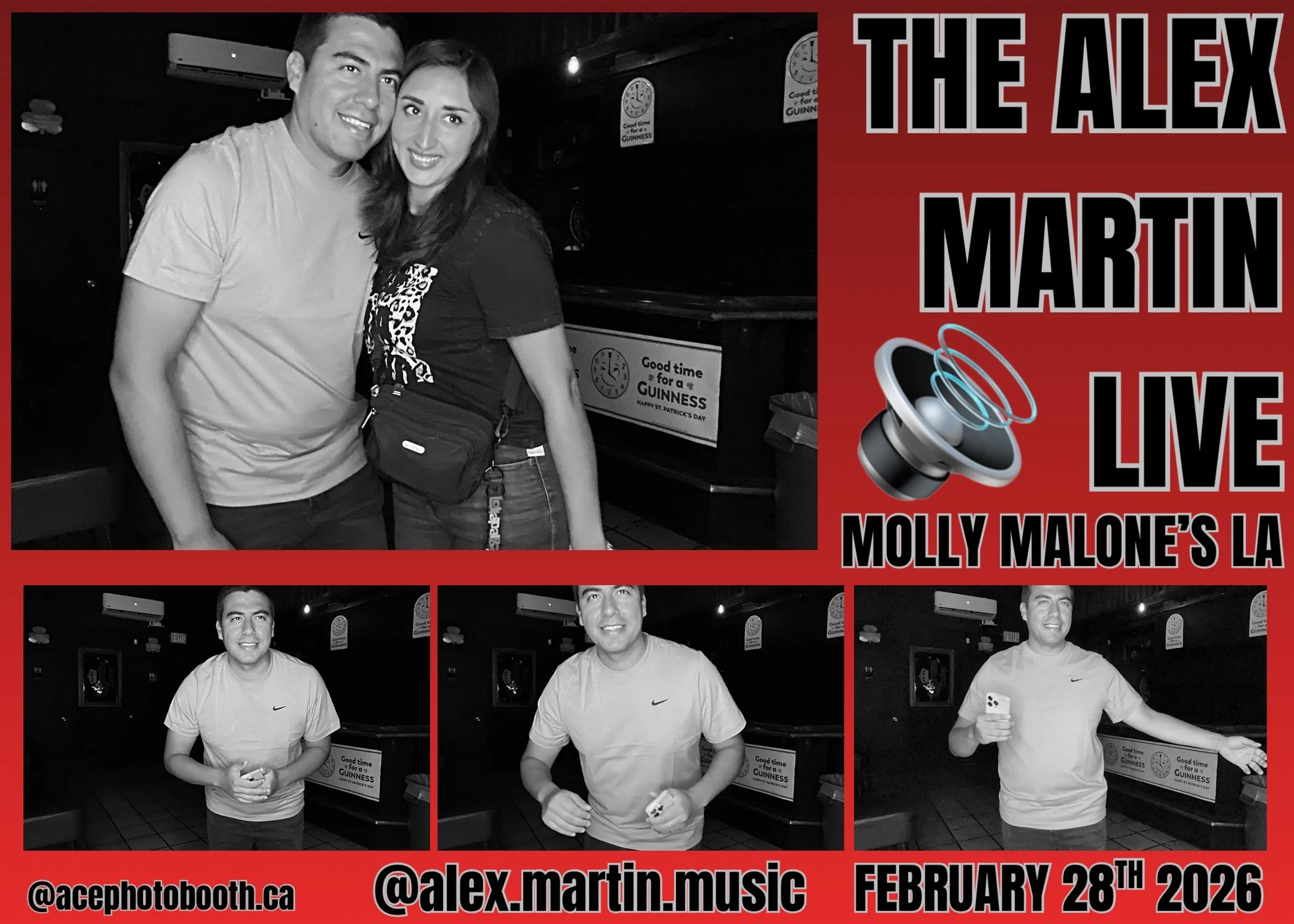 Four people at a karaoke event. The top photo shows a man and a woman smiling and posing together. The bottom row has three photos of a man in a light-colored shirt, smiling and holding a microphone or phone. The event is called 'The Alex Martin Live