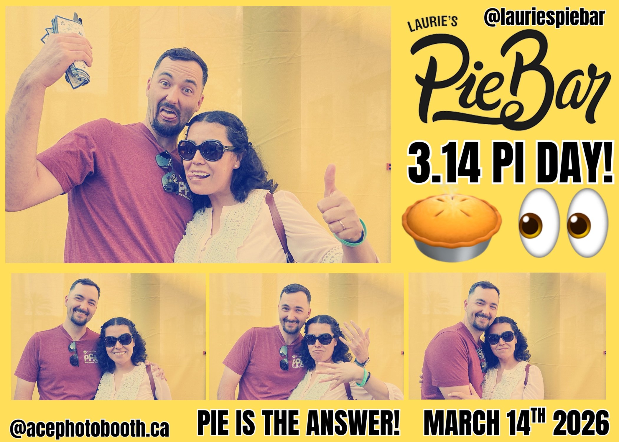 Photo collage celebrating Pi Day with three photos of a man and woman at a photo booth, a pie graphic, and large text about Pi Day on a yellow background.