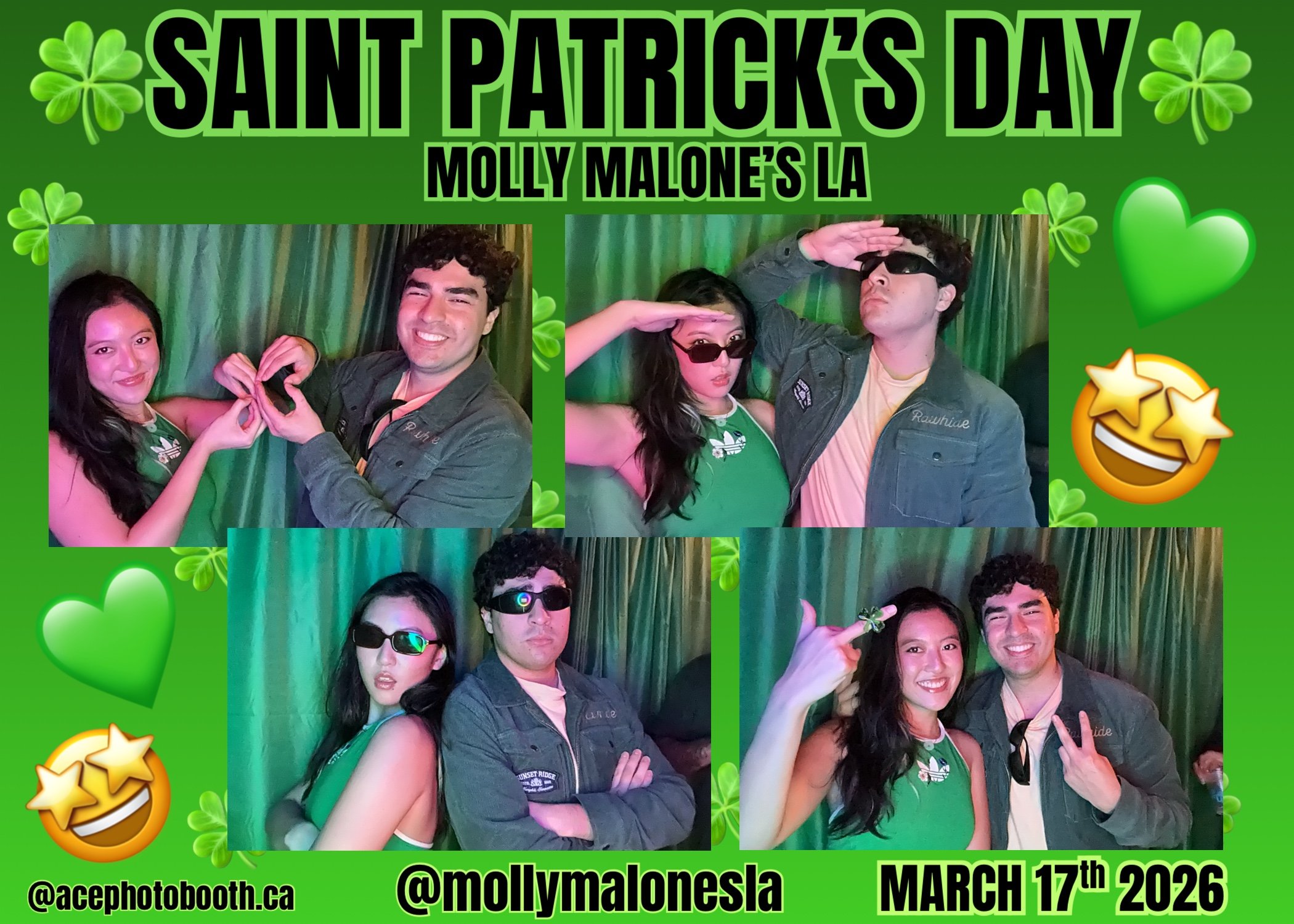 A photo booth collage from a Saint Patrick's Day celebration at Molly Malone's LA on March 17, 2026, showing four pictures of two young adults, a woman and a man, wearing green and making various poses. The background has a green curtain, and the col