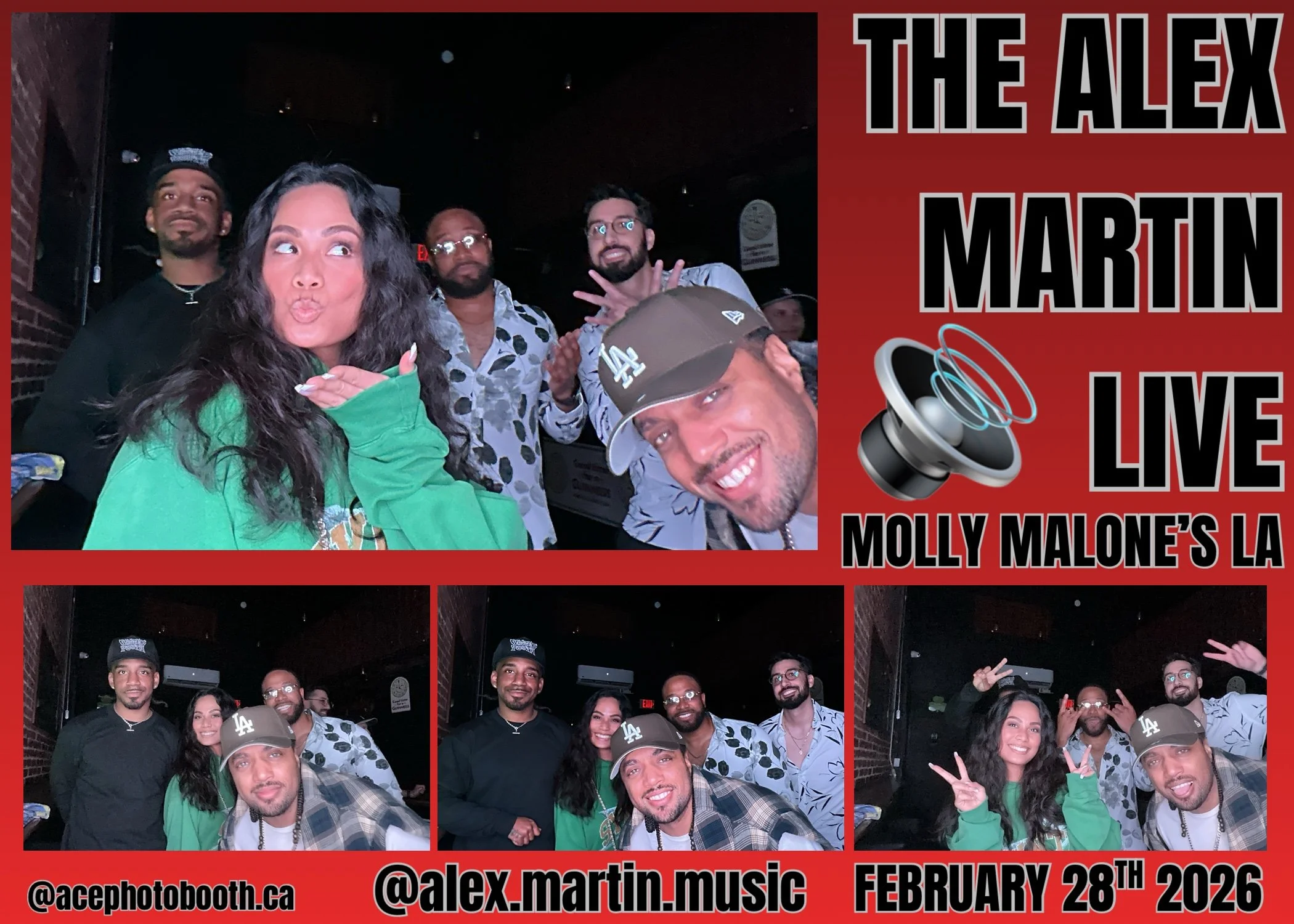 A collage of photos featuring six people at a live music event for Alex Martin at Molly Malone's LA. The top photo shows the group posing together, with one woman blowing a kiss. The bottom left photo has the group with some different poses, and the 