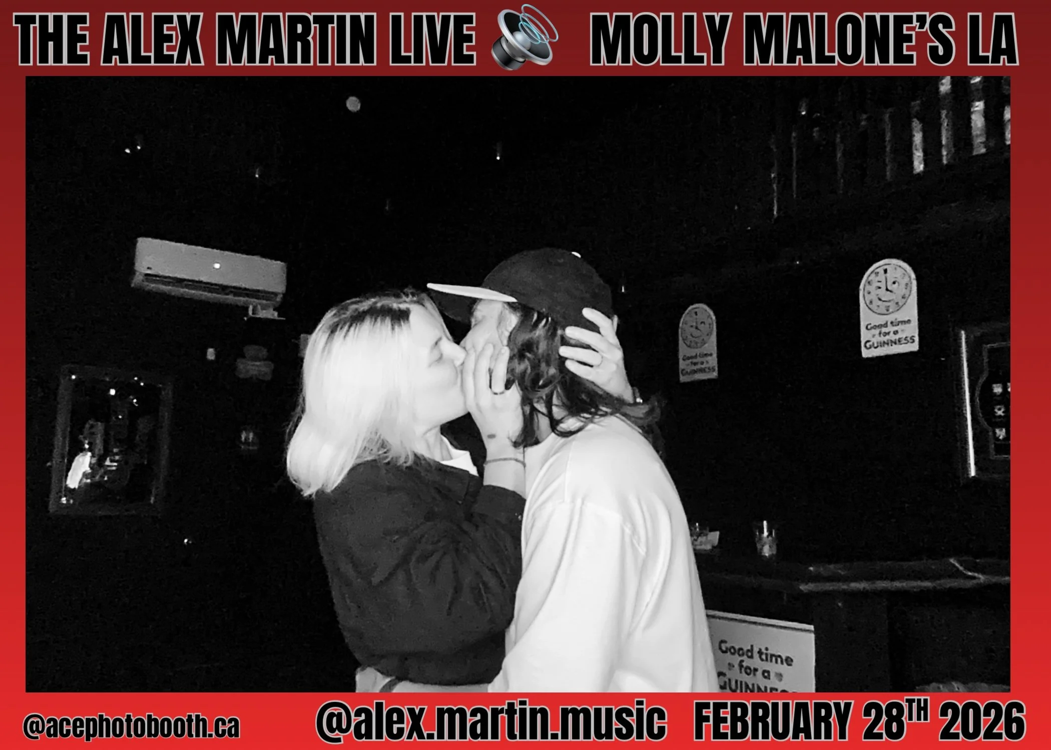 A black and white photo of a woman and a man in an intimate moment at a live music event, with a banner overhead indicating the event is 'The Alex Martin Live' with Molly Malone's LA, on February 28th, 2026.