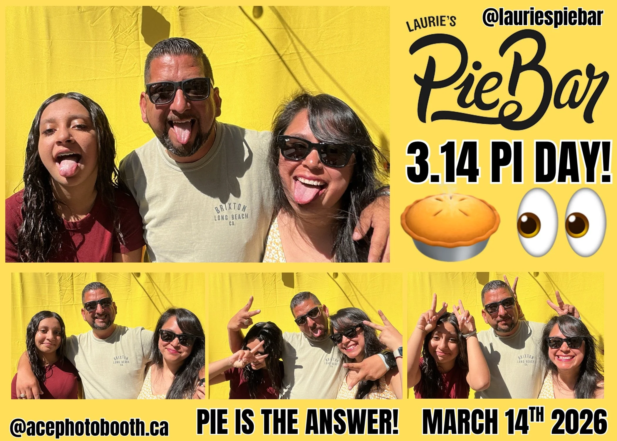A collage of four photos of three people celebrating Pi Day at Laurie’s Pie Bar with a bright yellow background. The top photo shows all three people sticking out their tongues. The bottom three photos show the same people making peace signs and play