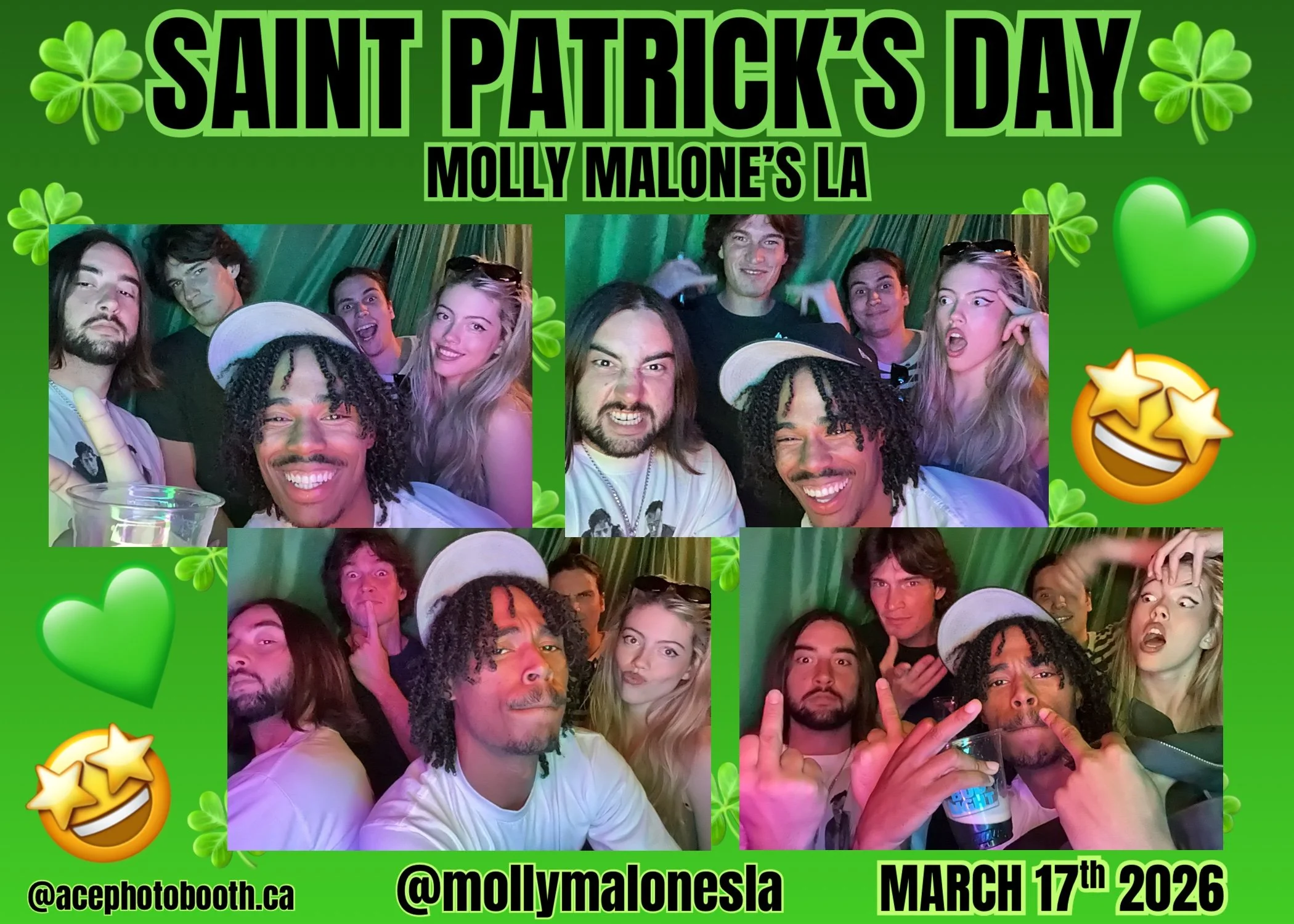 A photo booth collage from a Saint Patrick's Day celebration at Molly Malone's LA on March 17th, 2026, featuring four different candid group pictures of friends in a green-themed photo booth decorated with leprechaun hats, shamrocks, and emojis.