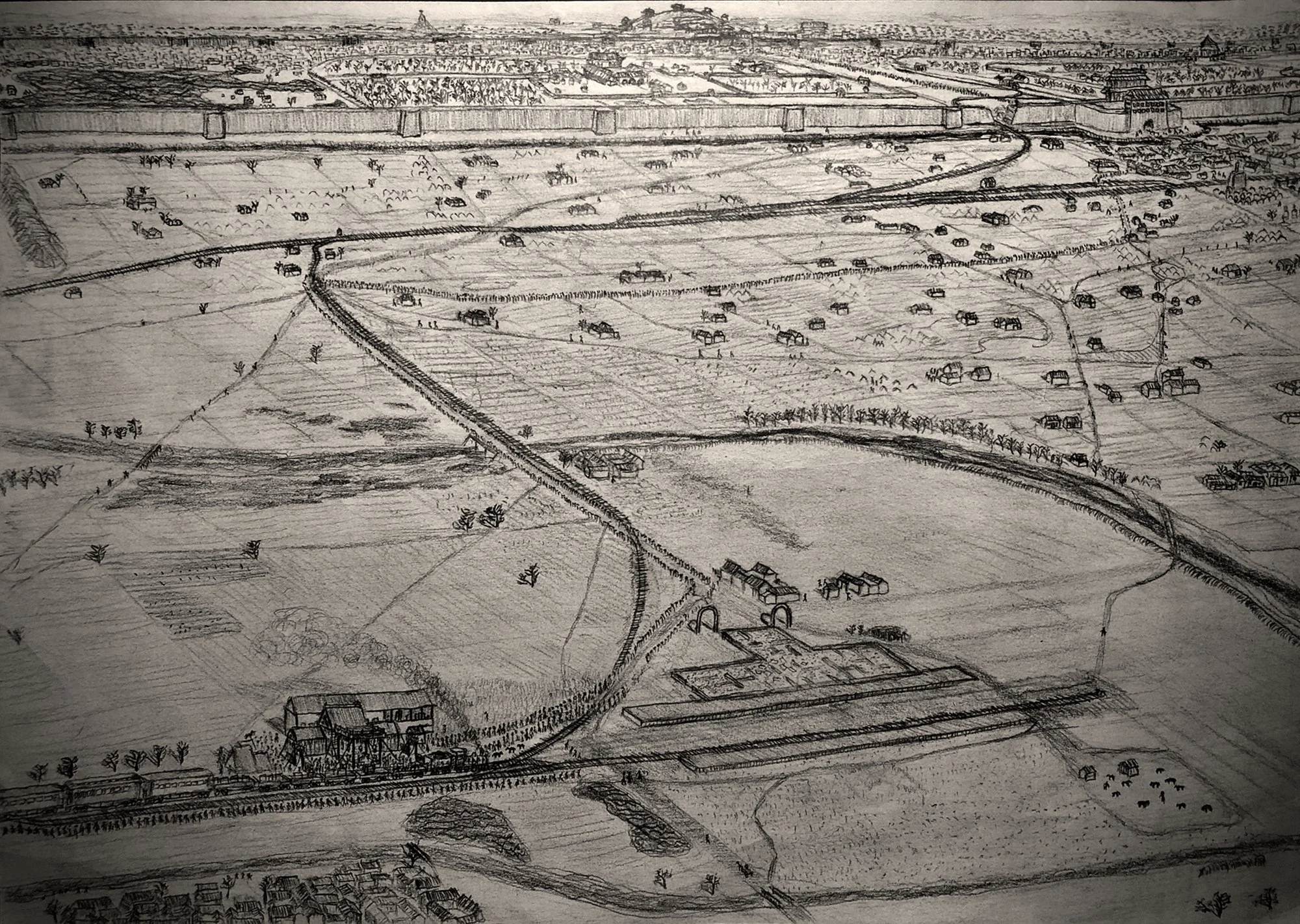 1902年初，慈禧太后、光緒皇帝即將抵達前的馬家堡車站西側的臨時站台，此站台位於馬家堡站房西側200m許，與“廢墟”狀態的馬家堡車站保持了一定距離。此復原圖視角為西南向東北，畫於2020年4月。