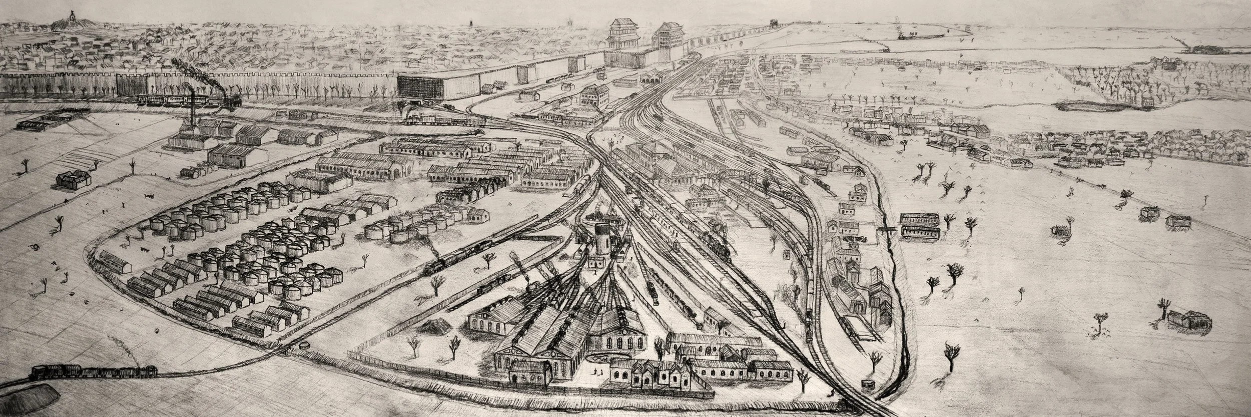 1940年代，西直門車站及機車房全景