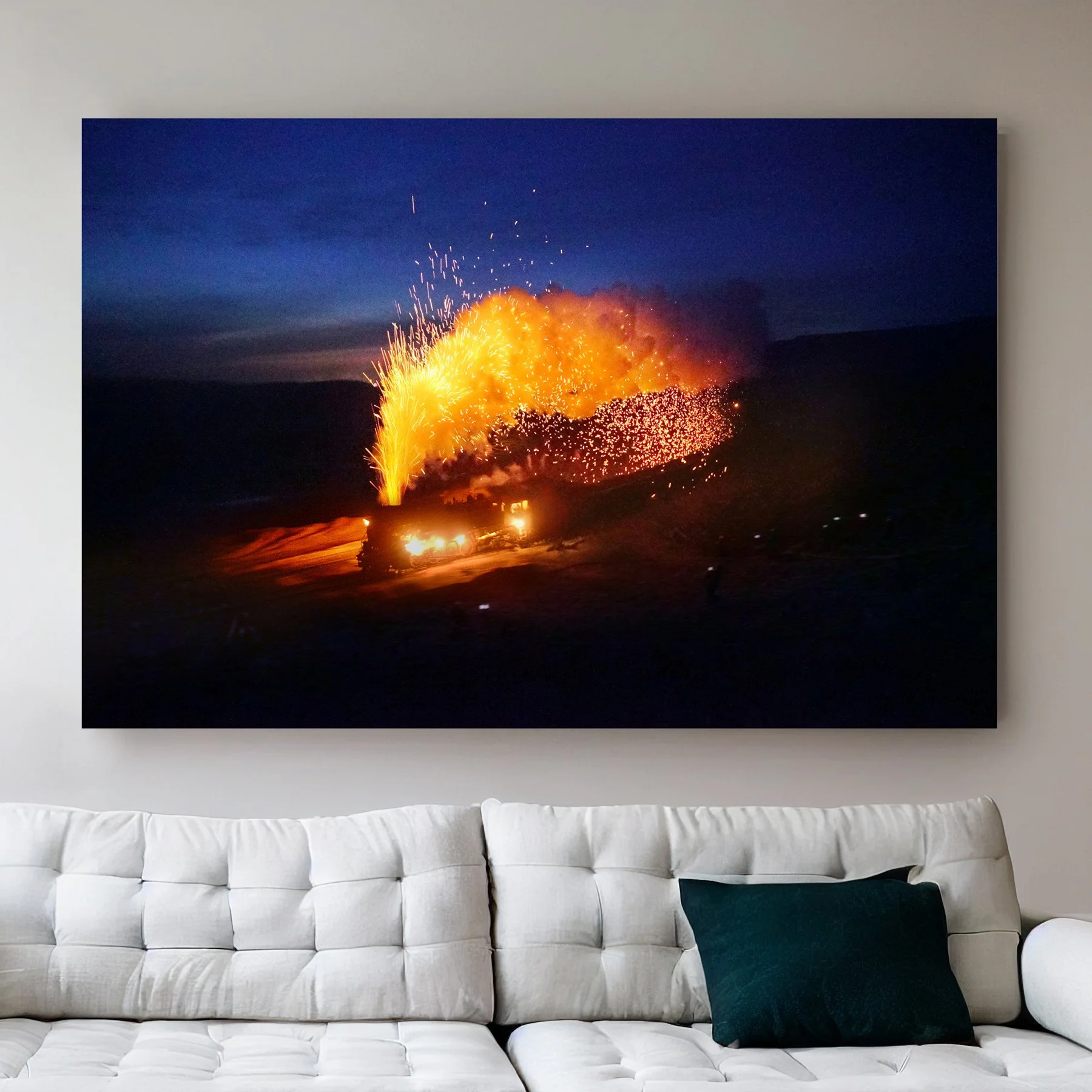 JS Class Construction Steam Train Art Print,Fire Spitting Locomotive,Night Industrial Photography,Powerful Steam Engine Wall Decor,Rail Gift