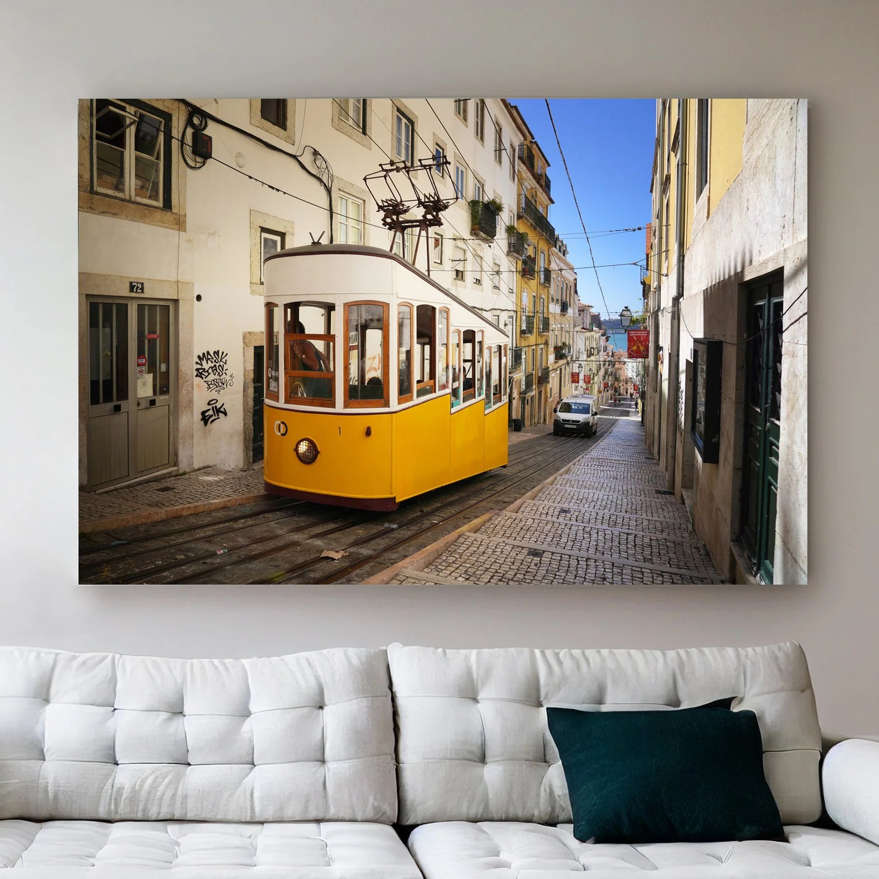 Lisbon Yellow Tram Photo, Bica Funicular Portugal Art Print, European City Street Photography, Pastel Warm Sun Room Wall Decor, Travel Gift