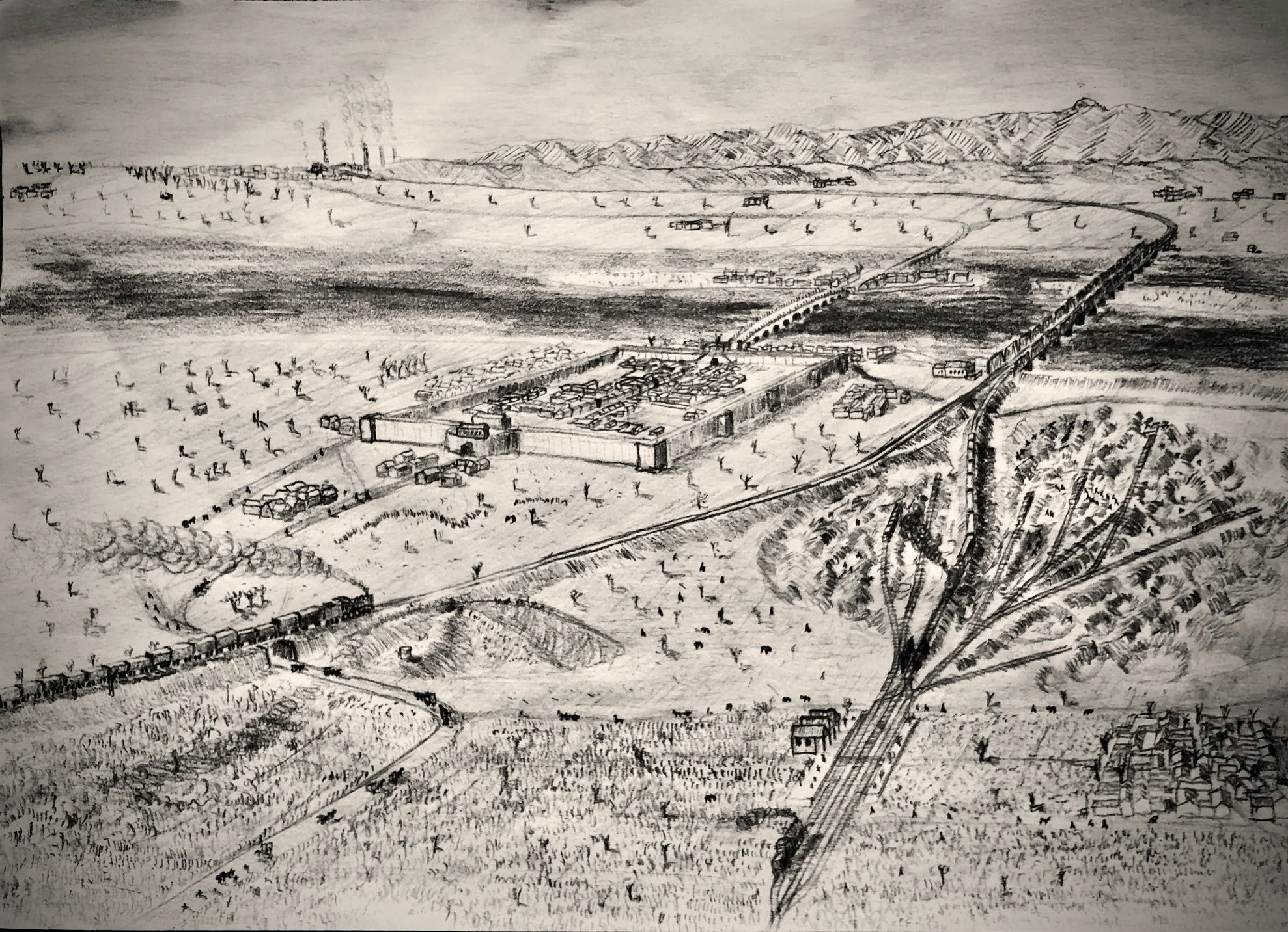 京漢鐵路盧溝橋車站建於盧溝橋東北之高地上，用於接發由豐臺至此的運料列車，並建有盧溝橋機器廠。經歷義和團運動後，盧溝橋車站的位置隨京盧段的修建而易址。1944年，該站被撤消後，很少有人還記得它。此圖的視角為自東向西，圖片右下方為盧溝橋車站，向西為車站以西的砂石場、宛平城、盧溝橋、盧溝橋鐵路橋、長辛店。畫於2020年2月。