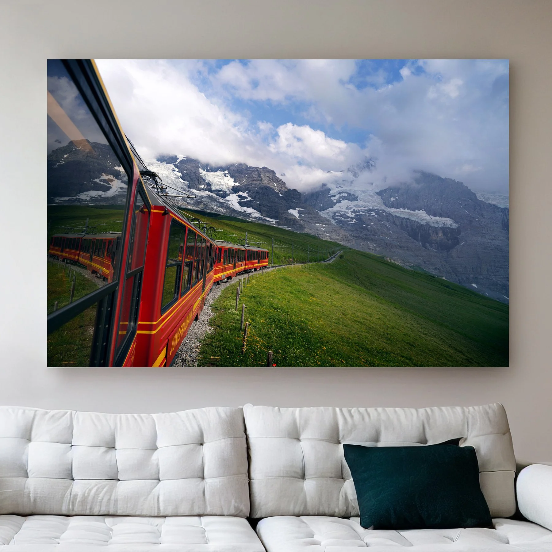 Jungfrau Railway Switzerland Photo, Alps Mountain Glacier Art Print, Swiss Red Train Window Reflection Poster, Industrial Power Photography