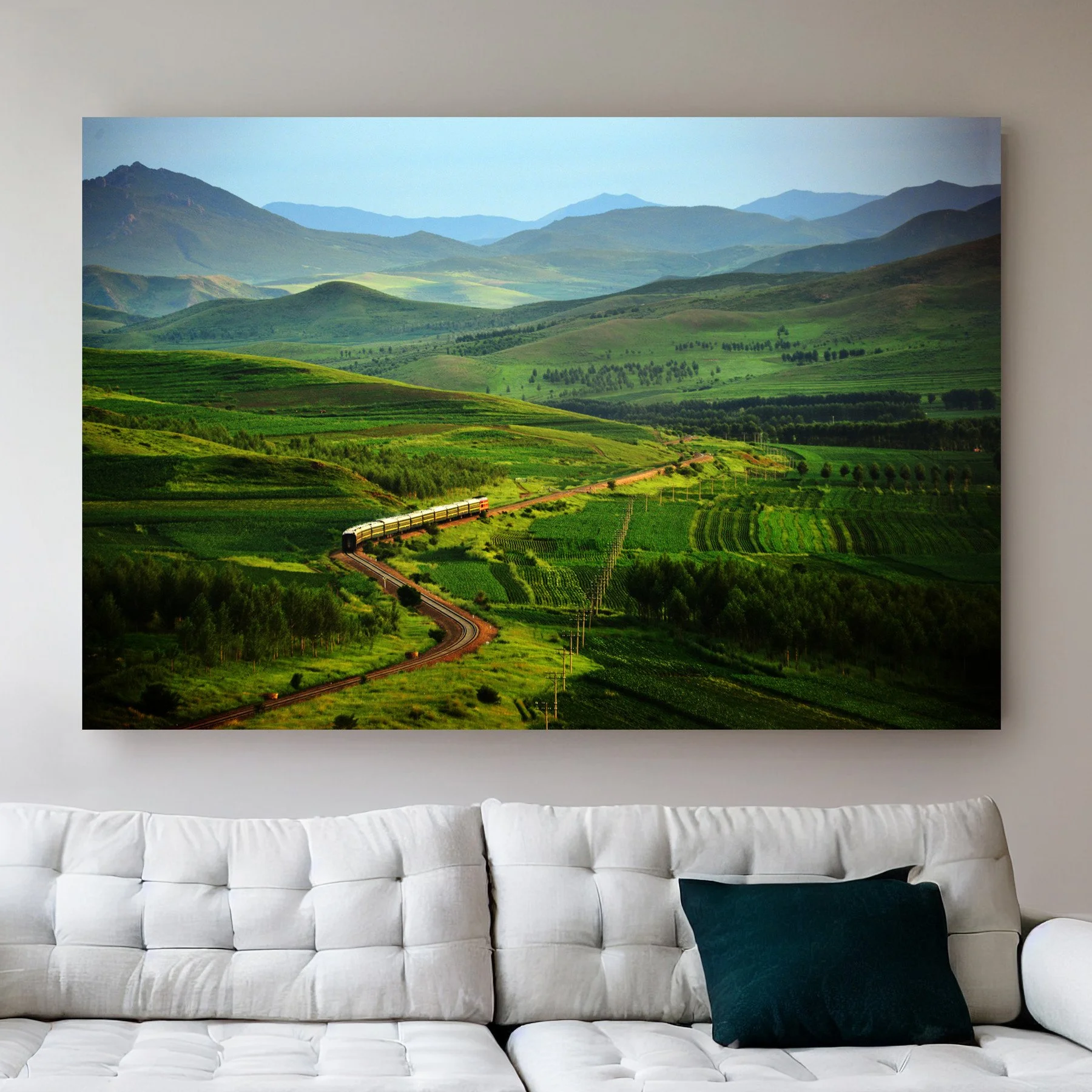Scenic China Train Photography,Baicheng Aershan Railway Wall Decor, Lush Green Hills Art Print, Inner Mongolia Winding Track Statement Piece