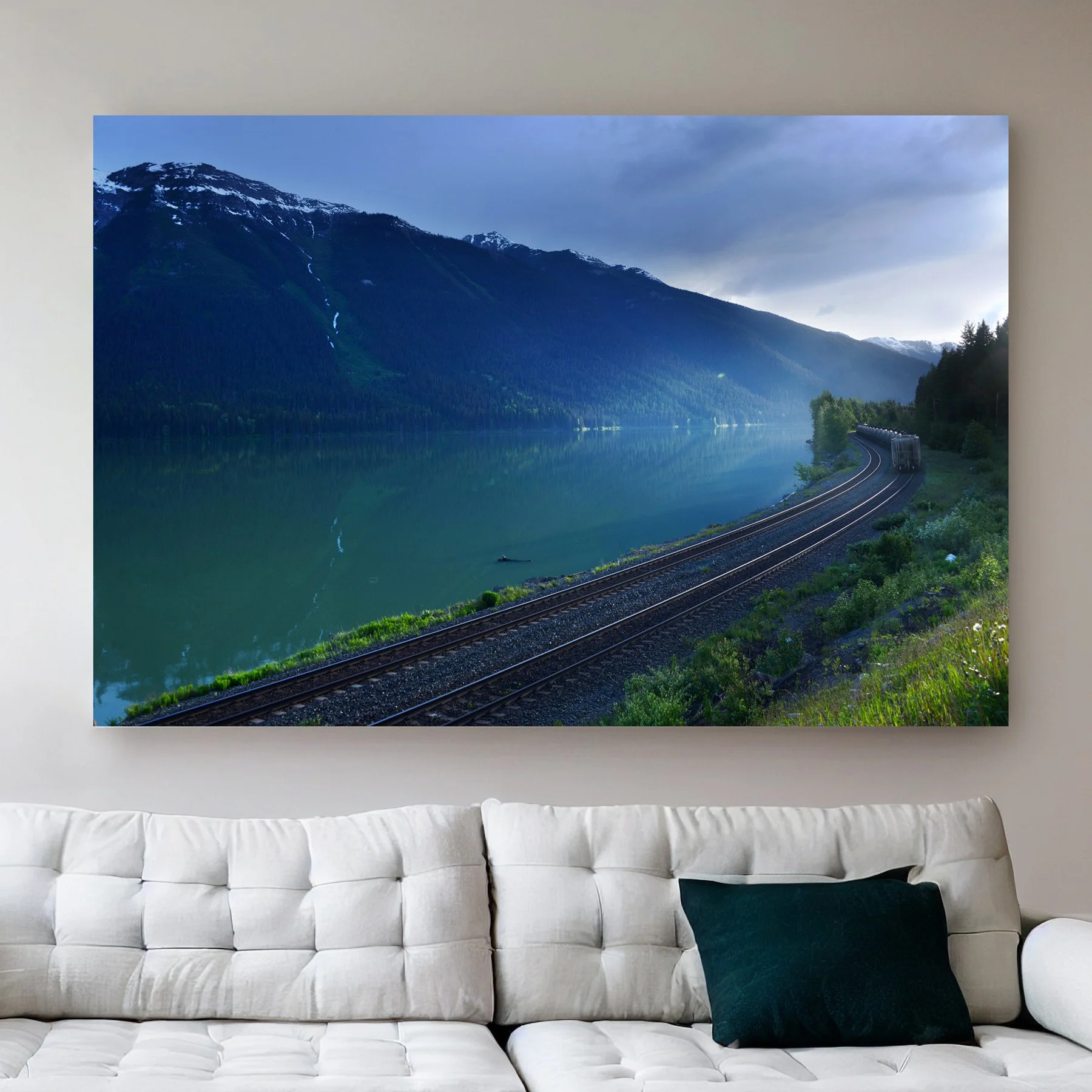 Grand Canadian Rockies Statement Piece, Winding Moose Lake Railway Print, Majestic Mountain Photography, Industrial Nature Wall Decor