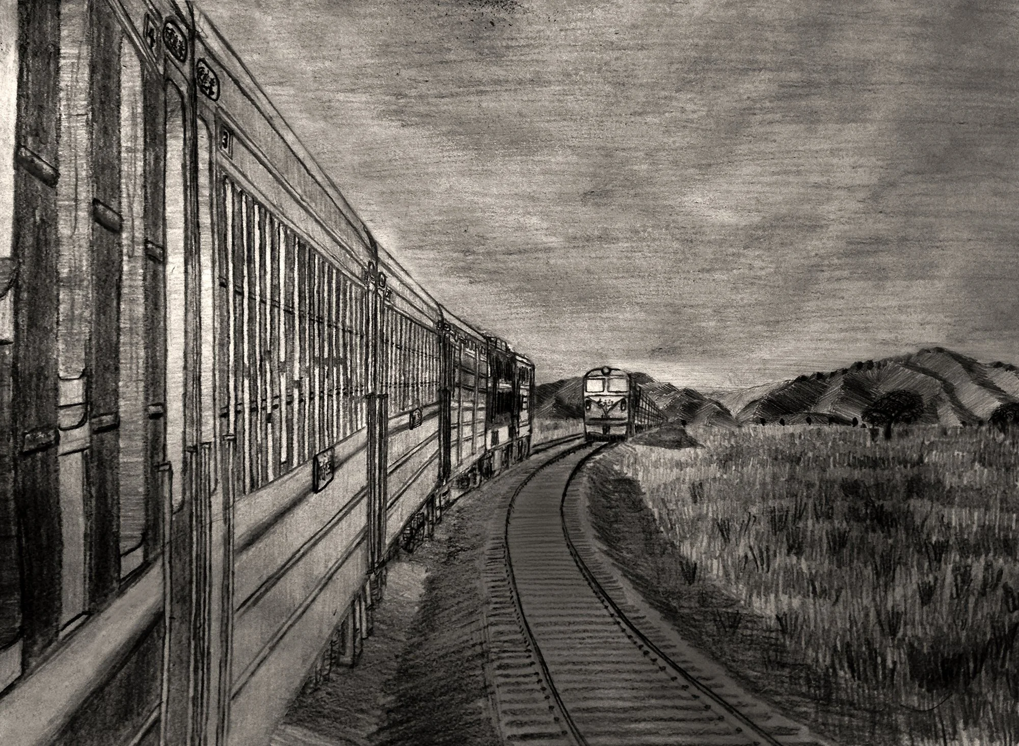 沙河-昌平區間於1986年增建二線，圖為上下行列車交會。由南向北望，畫於2014年8月。