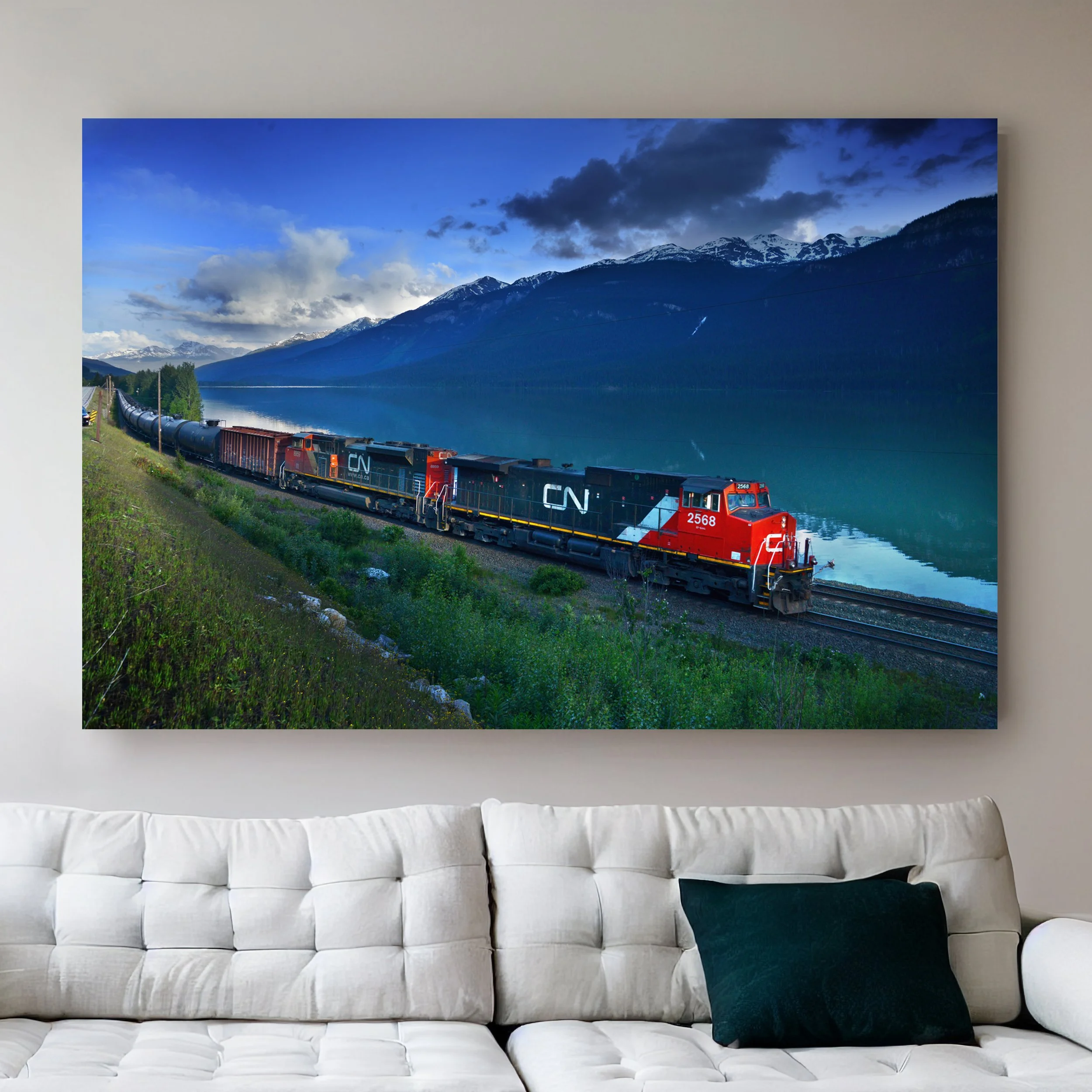 CN Freight Train Print, Red Pass BC, Canadian Rockies Wall Art, Mountain Lake Landscape, Powerful Locomotive Photo, Railroad Gift