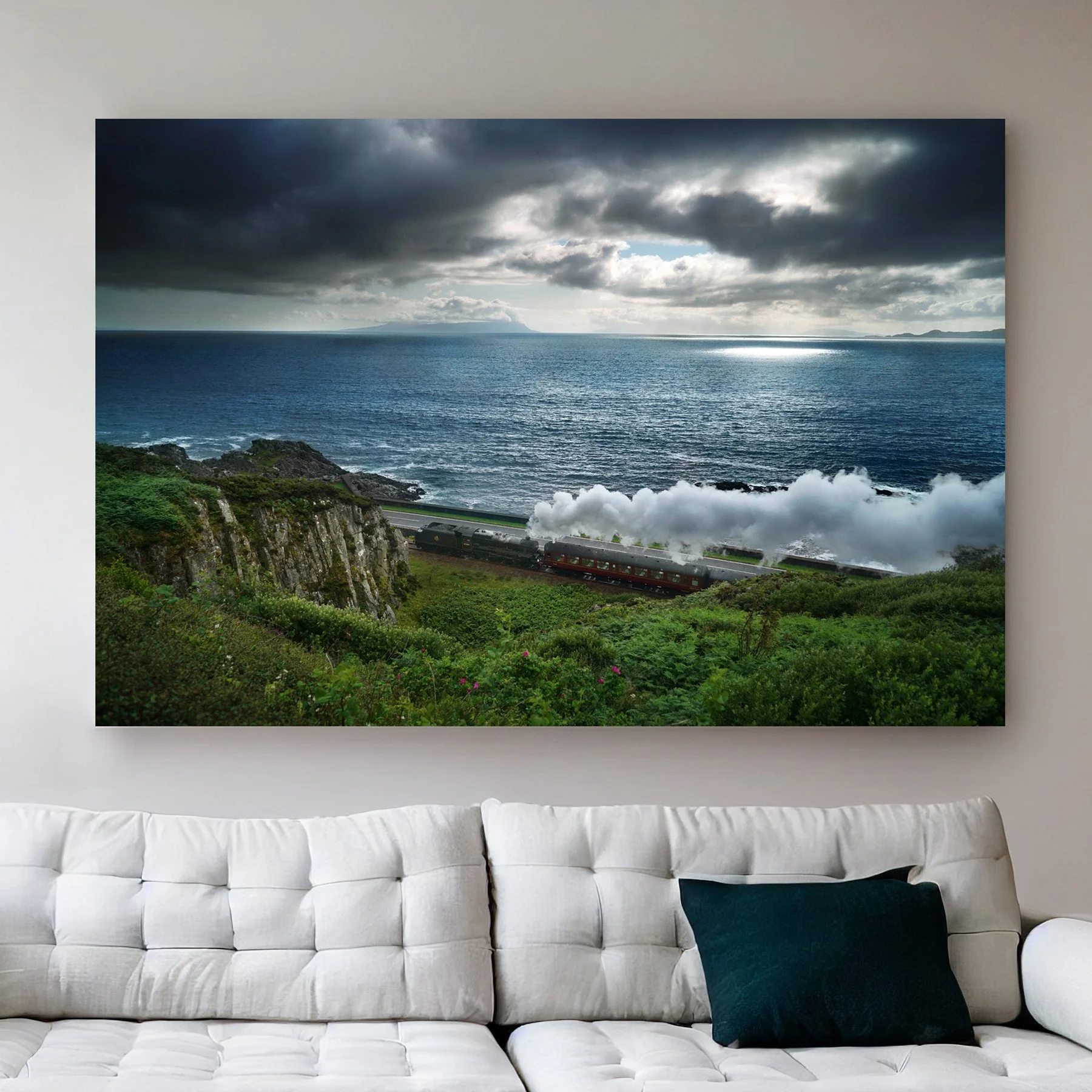 Scotland Steam Locomotive Print, Coastal Railway Photo, Dramatic Sunbeam Ocean Landscape Poster, Moody West Highland Line Art, Train Gift