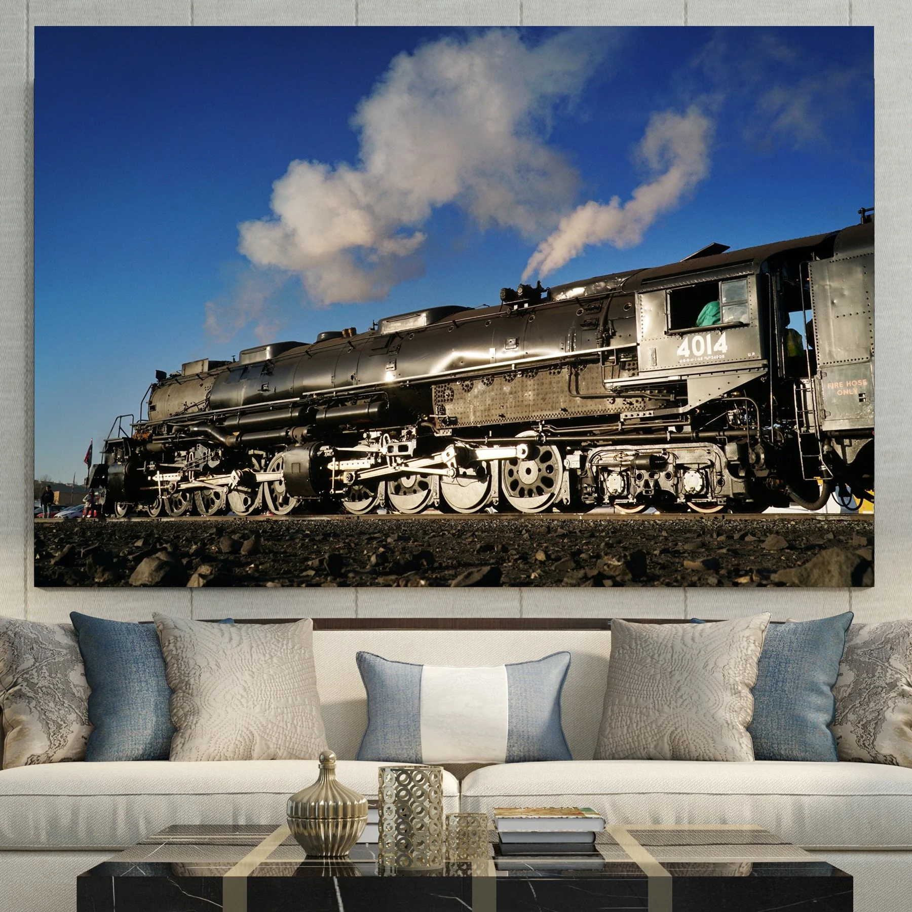 Powerful Steam Locomotive Front View Photography Print Canvas Wall Art Industrial Railway Decor Railroad Gift for Train Enthusiasts