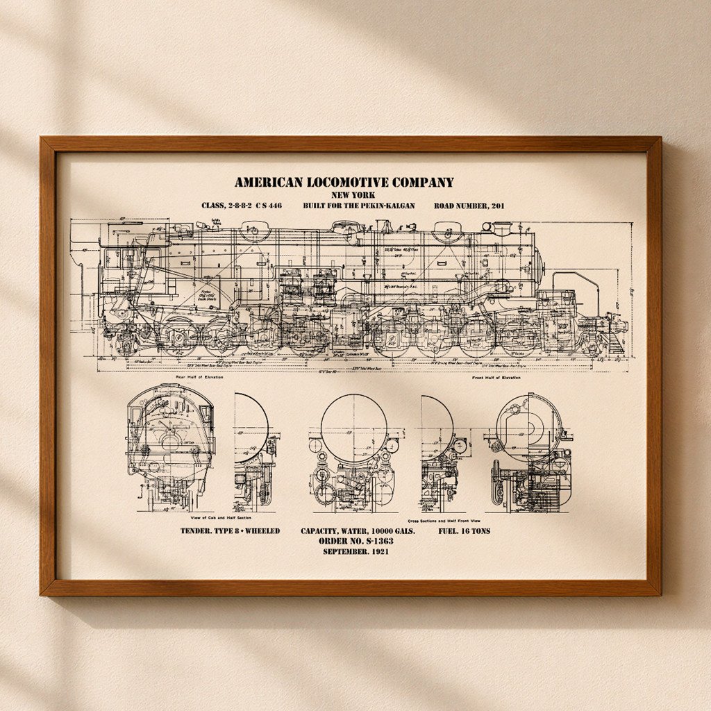 Steam Locomotive Blueprint Print ALCO 2-8-8-2 Engineering Drawing Railroad Wall Art Historic Railway Decor Train Lover Gift