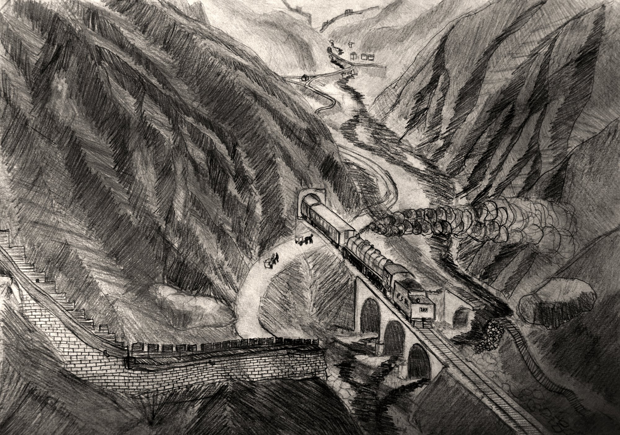 上關至三堡的山谷非常窄，線路距離河道很近，1939年夏天山洪將此段線路衝毀。1940年，日偽當局在上關重新修建一座3孔拱橋和上關隧道，圖為防洪改線通車後的復原景象。由南向北望，畫於2015年1月。