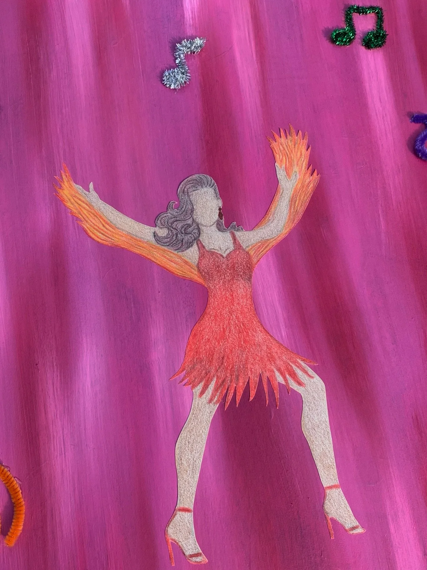 🪩 &ldquo;Dancing through life,&rdquo; 2026. 26&rdquo;x24.&rdquo; Acrylic, color pencil illustration &amp; pipe cleaners on canvas. Alternative title: &ldquo;Phoenix rising.&rdquo; 🐦&zwj;🔥

Dancing is one of my favorite forms of medicine. Through a