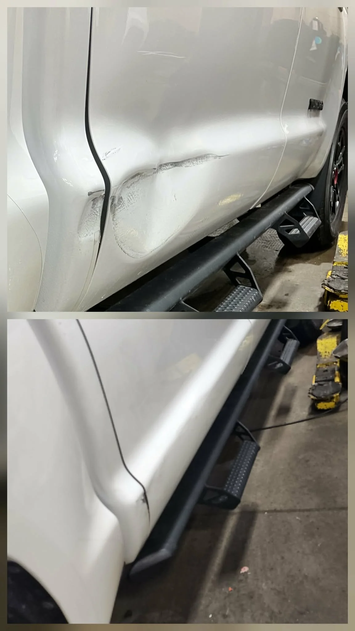 Side view of a white vehicle with a large dent and scratch marks on the door, shown in two images, before and after repair, in a garage.