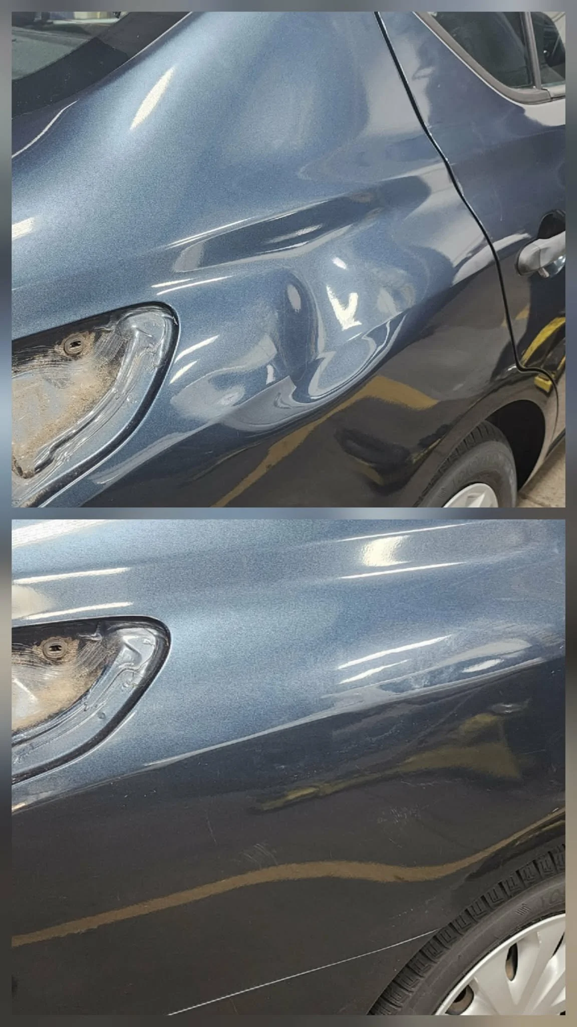 Photos of a dark-colored car with a dented fender and scratches.
