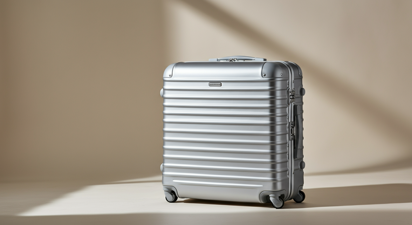 A silver, hard-shell rolling suitcase with horizontal ridges, four wheels, and a handle, standing on a light-colored surface with a beige background.