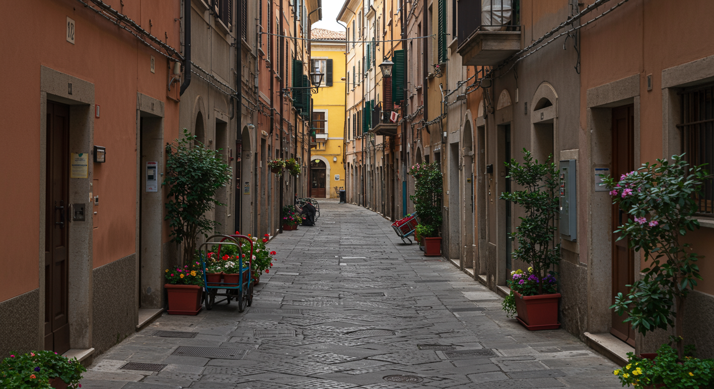 An empty narrow European street with colorful buildings, potted plants, flower boxes, benches, and a cobblestone pathway.