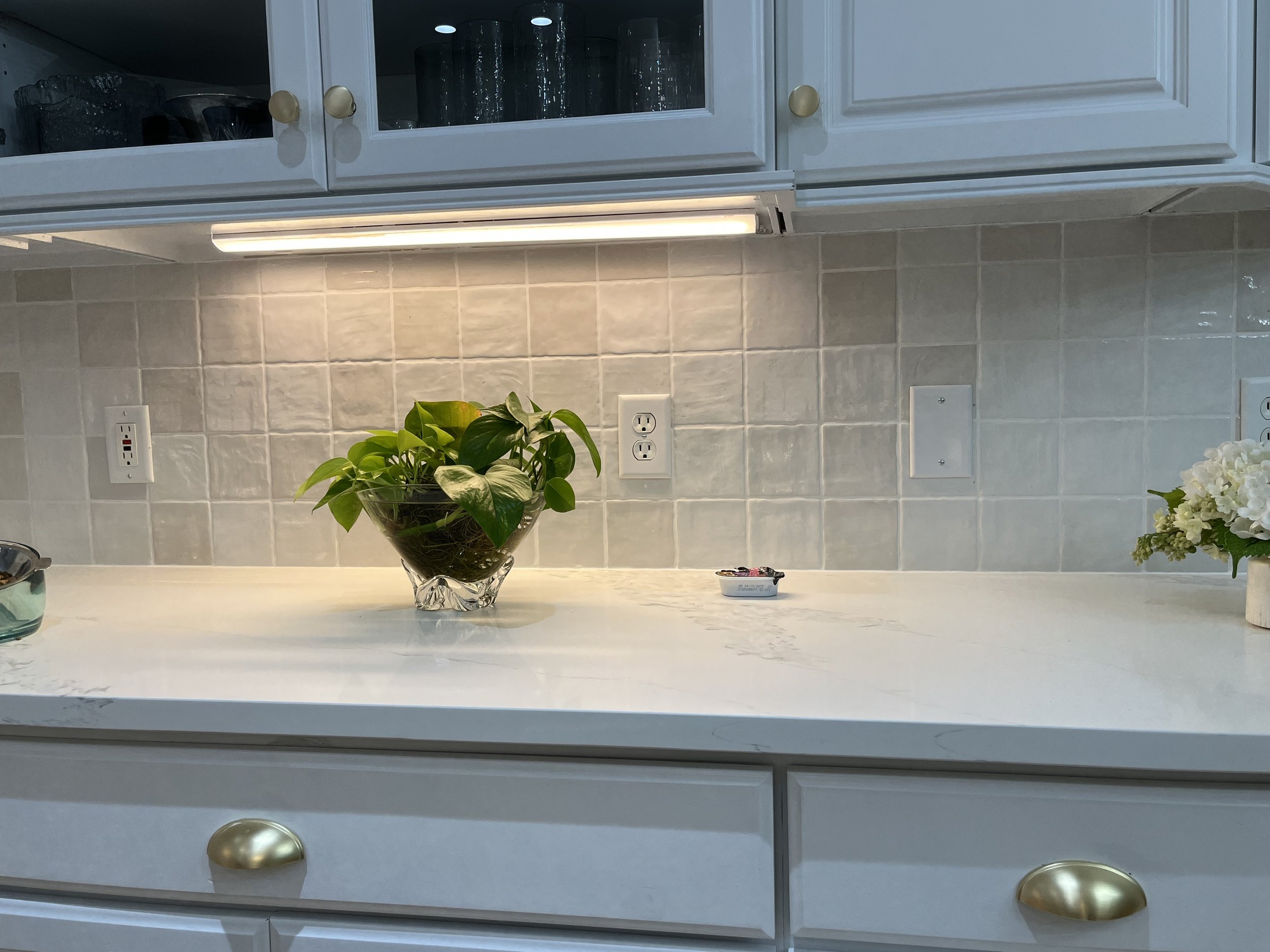 Kitchen countertop with a potted plant in a glass bowl, a small container, and a flower arrangement in a vase, with under-cabinet lighting and tiled wall background.