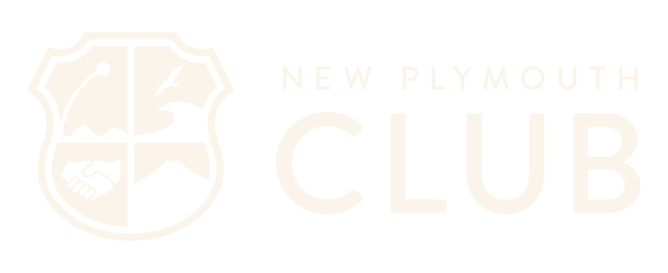 Logo of the New Plymouth Club featuring a shield with mountain, wave, handshake, and bird illustrations, and text 'New Plymouth Club' next to the shield.
