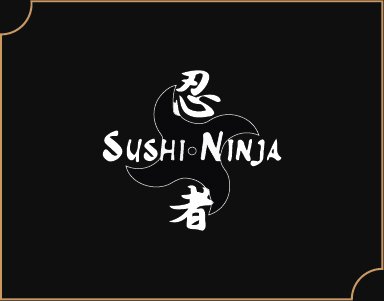 Logo for Sushi Ninja featuring a black background with white stylized Japanese characters and text.