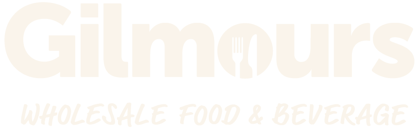 Gilmours Wholesale Food and Beverage logo with stylized text and a fork and spoon inside the letter 'O'