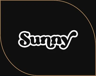 The word "Sunny" written in white on a black background with a curved gold line.