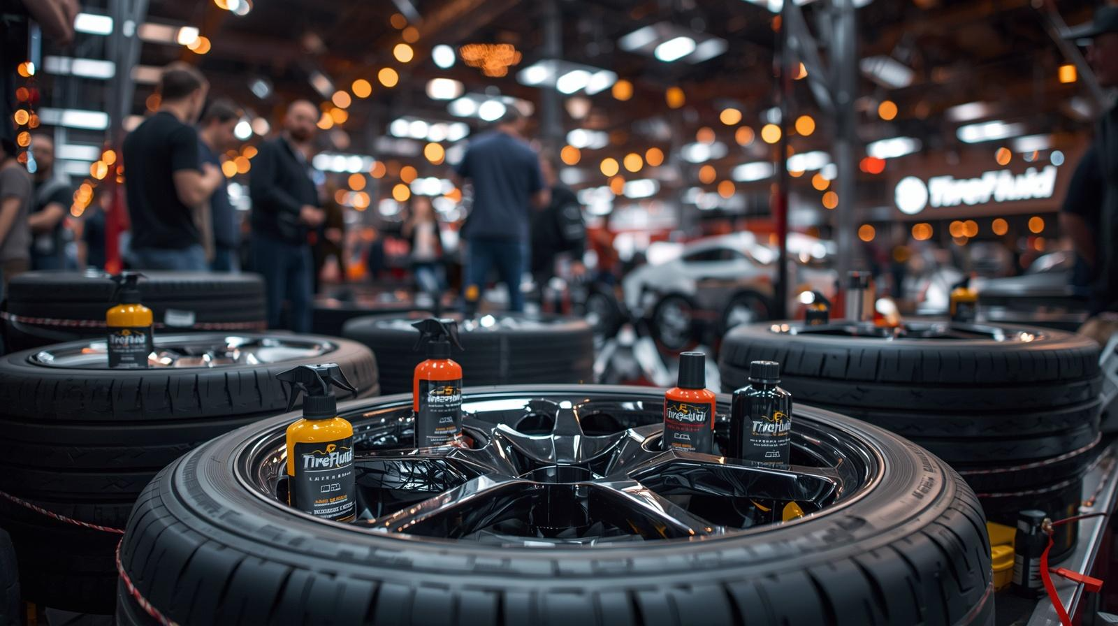 A car workshop with tires and bottles of tire cleaning products on display. People are gathered in the background, and the workshop is well-lit with orange and white lights.