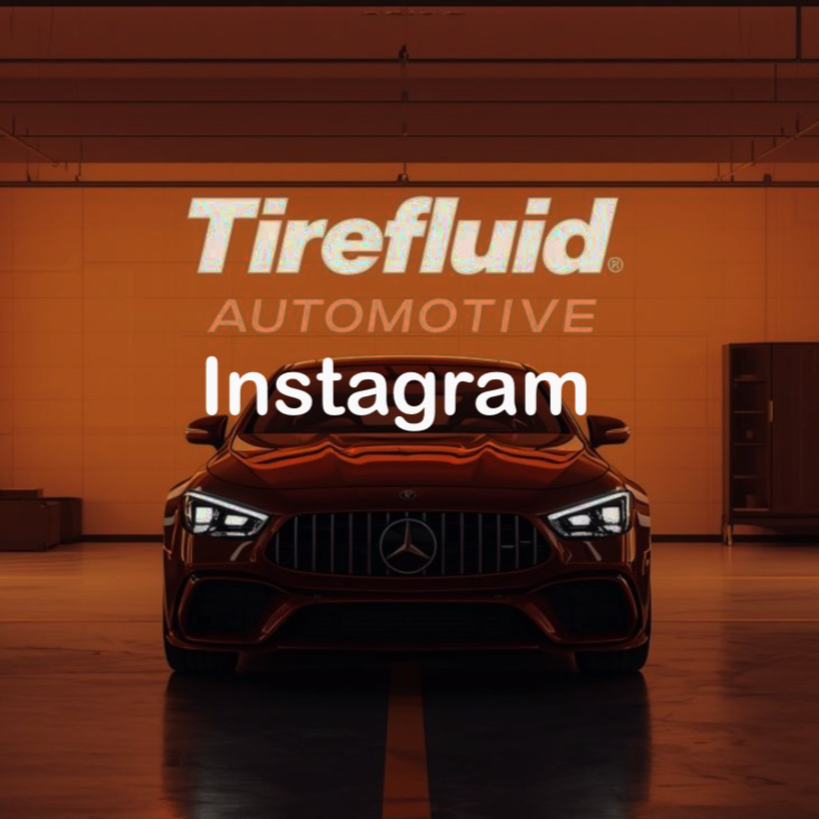 A sleek black Mercedes-Benz car in a garage with a large sign reading Tirefluid Automotive and a white Instagram logo overlay on the image.