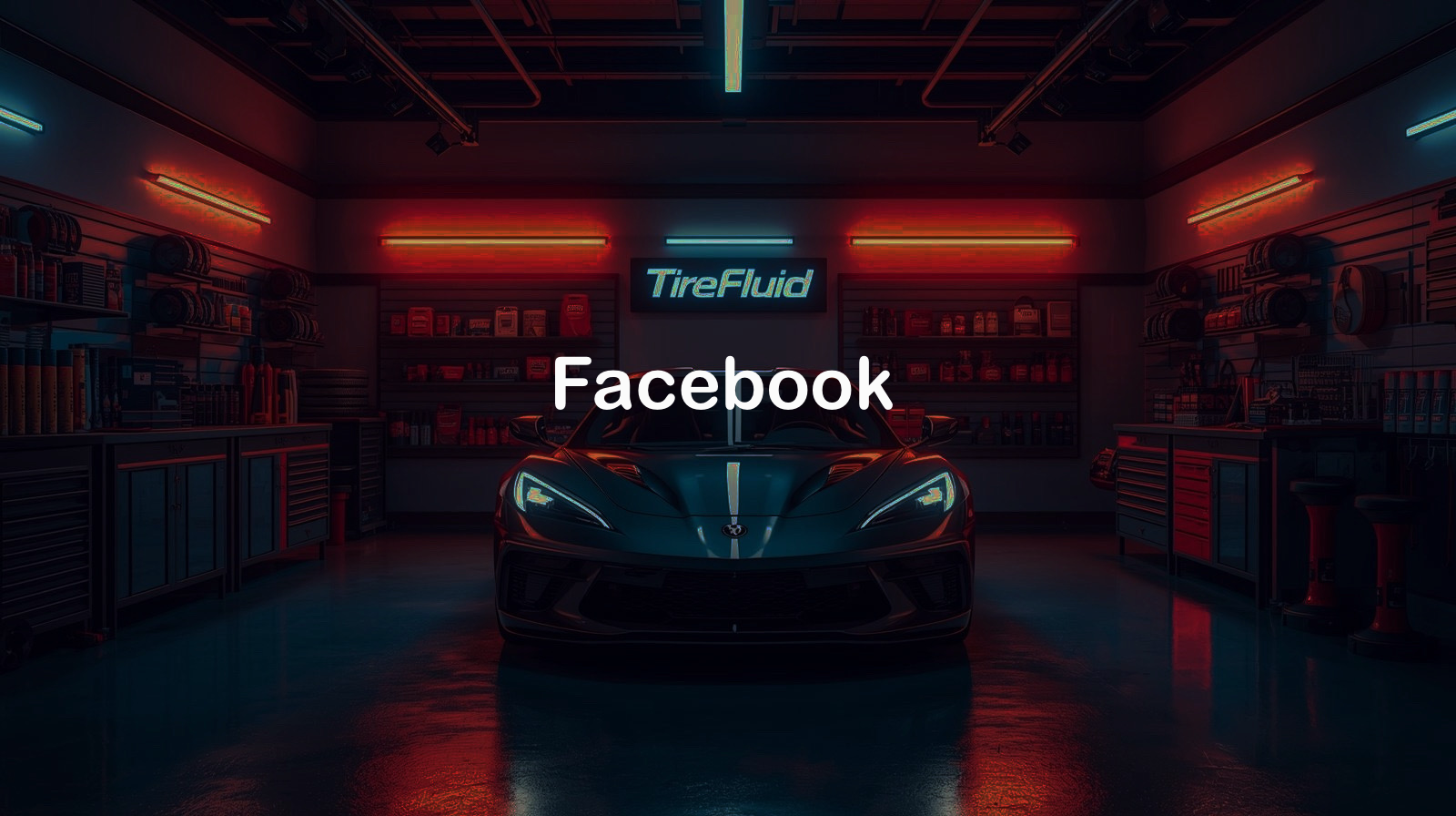A sleek black sports car parked inside a garage with red and blue neon lights, tire shelves, and automotive supplies visible in the background. The sign reads 'TireFluid' above the car, and the word 'Facebook' is superimposed in the center.