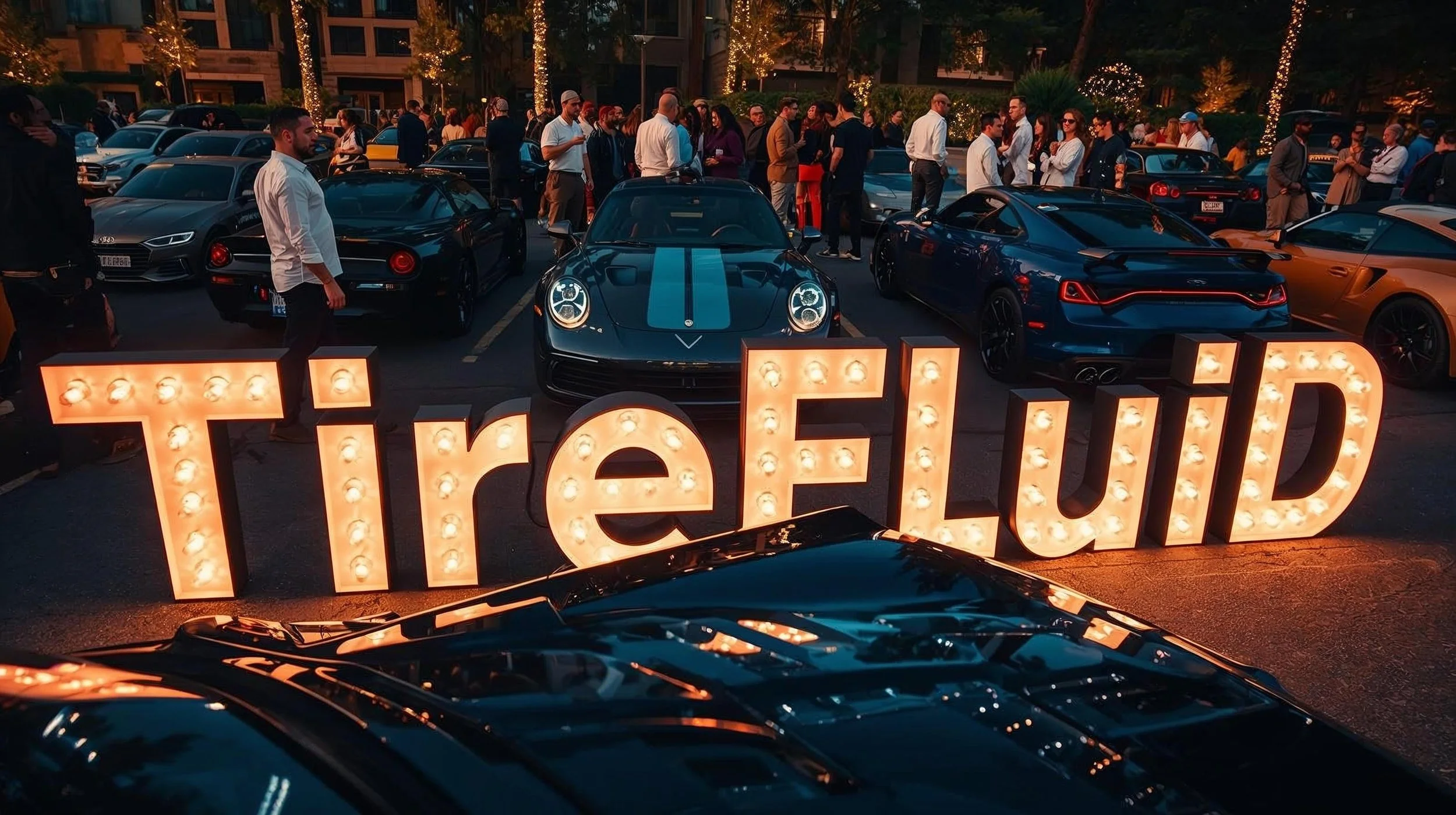 A night scene at a car gathering with a large illuminated sign spelling 'TireF.LU'D', surrounded by various luxury and sports cars, and a crowd of people socializing in the background.