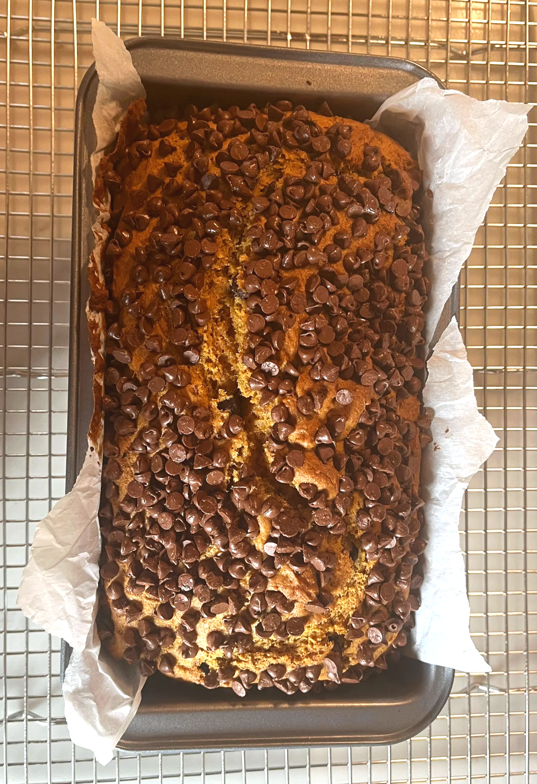A loaf of bread with chocolate chips on top