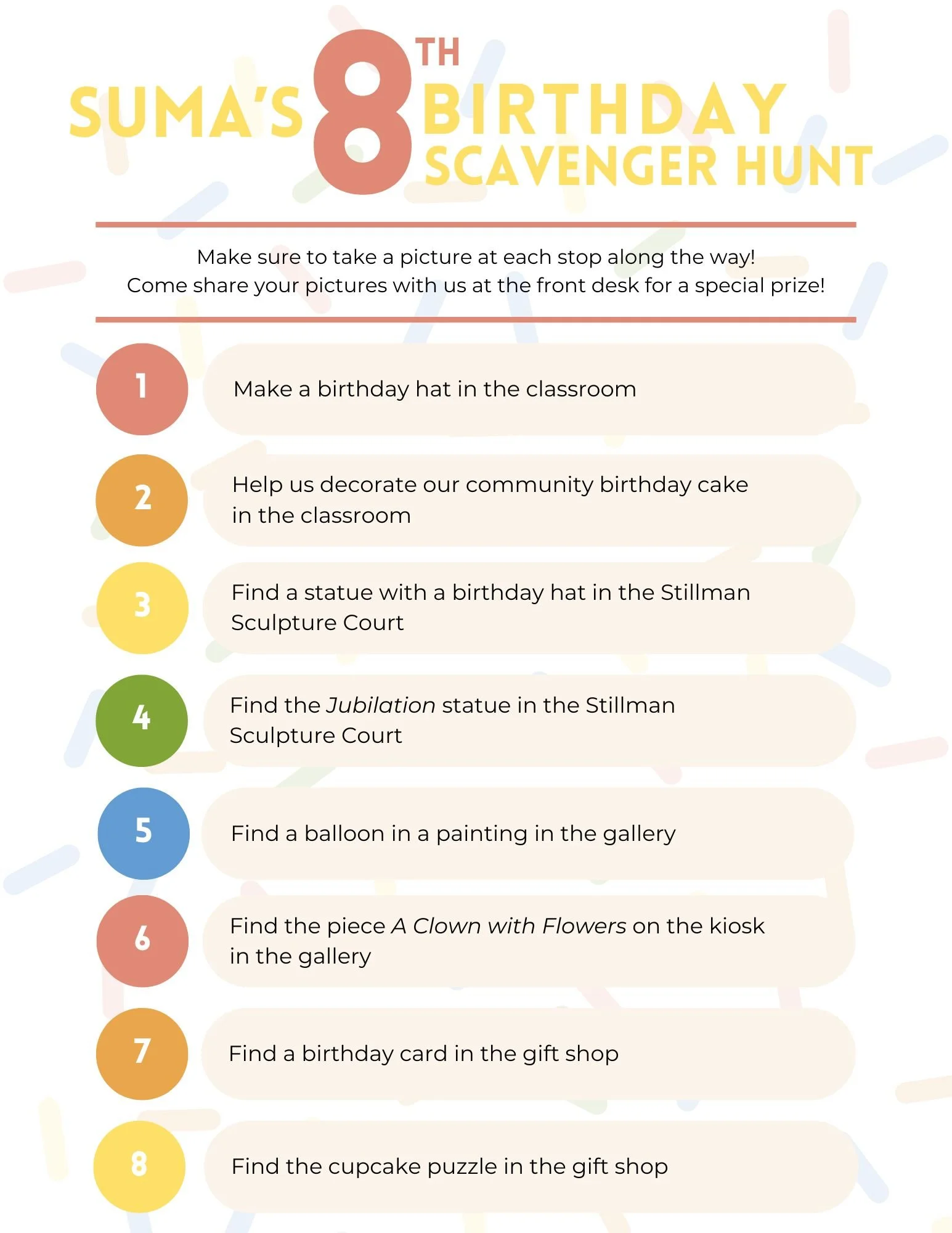 A scavenger hunt worksheet for SUMA's 8th Birthday