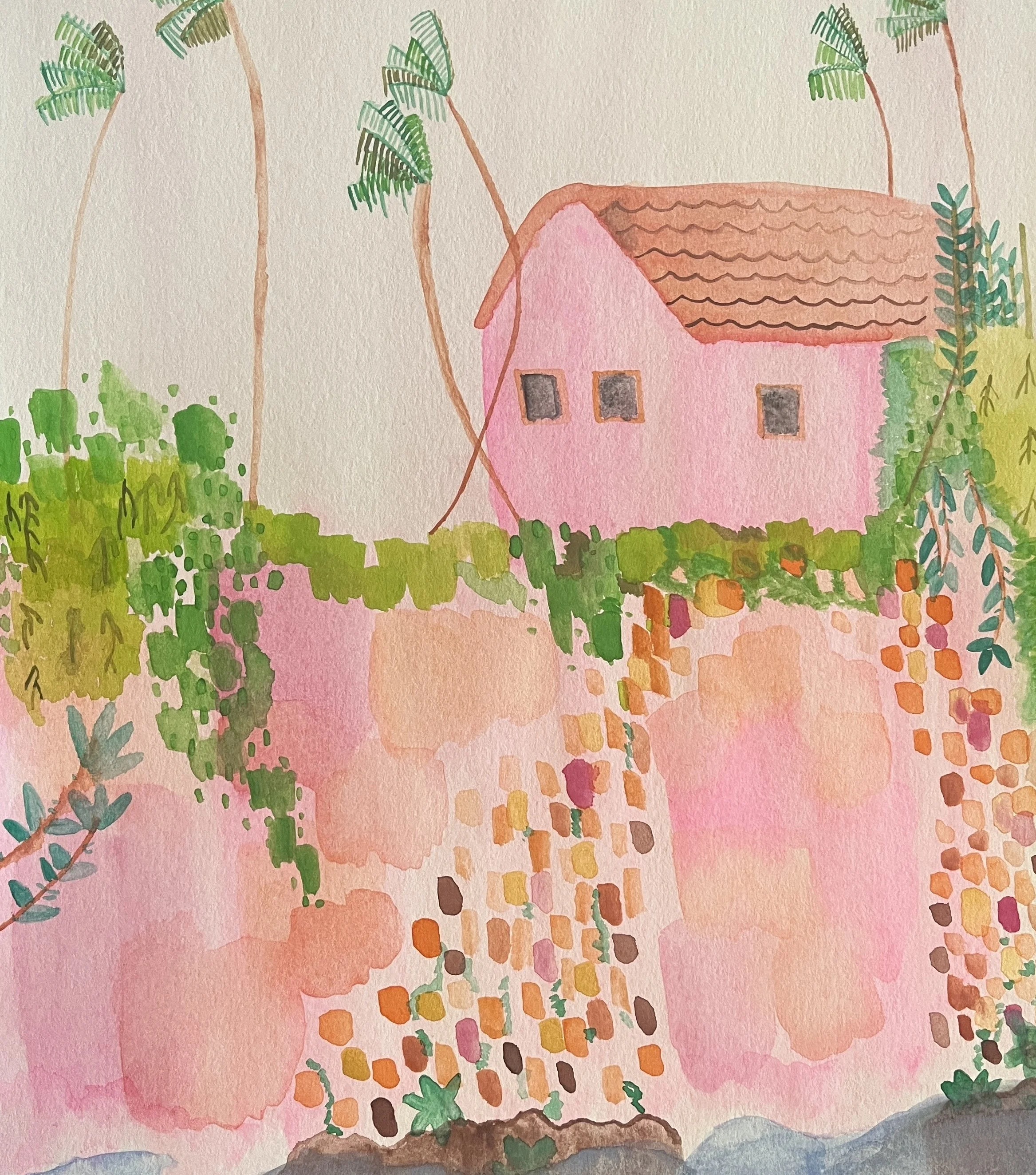 A watercolor painting of a pink bungalow next to a pink rocky cliff with greenery